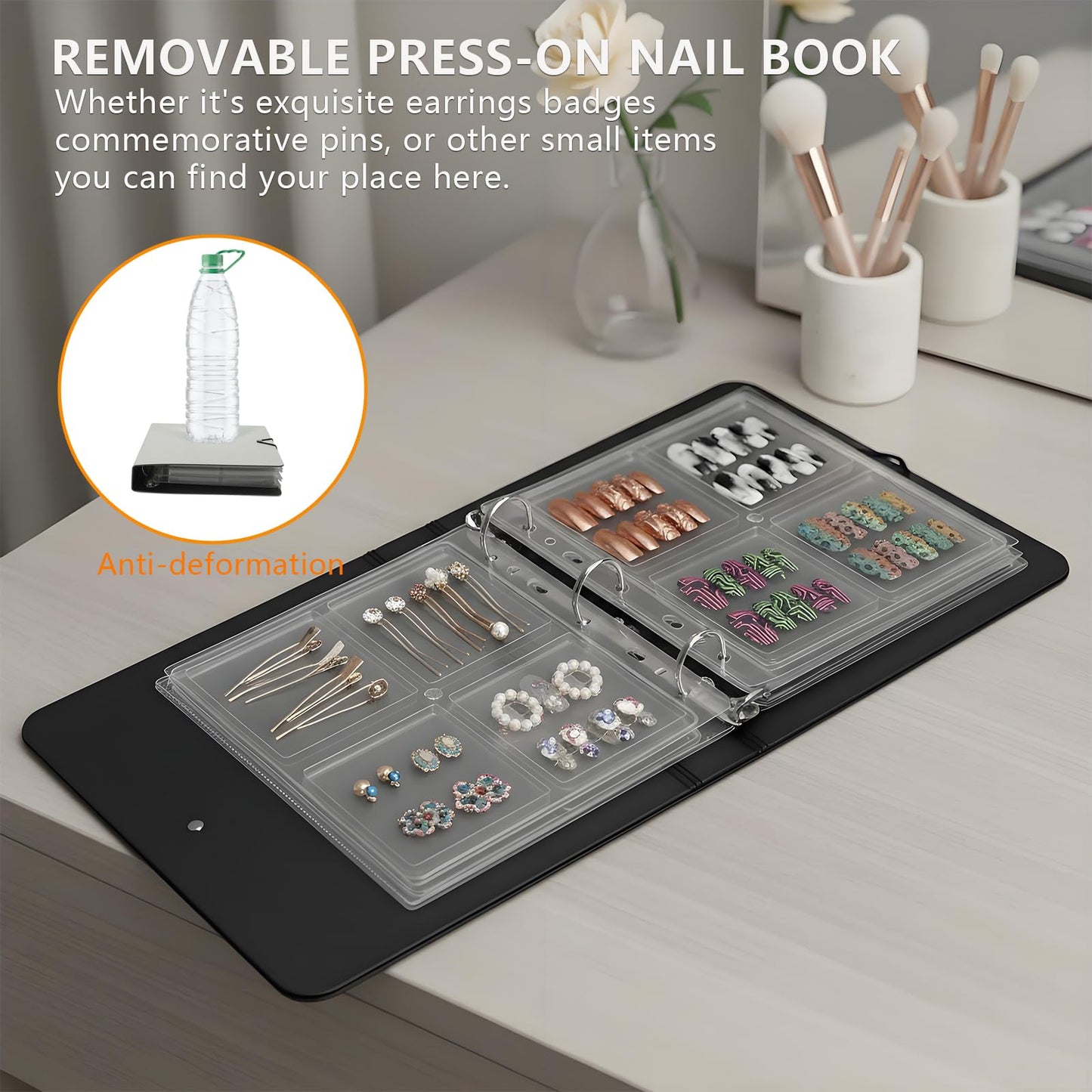 AZSRKRBM Press On Nail Book, Nail Swatch Binder Organizer with 12 Grids & Adhesive Sheets, 3 Removable Pages for Crush Resistant Storage, Display Fake Nails, Jewelry for Earrings & Necklaces