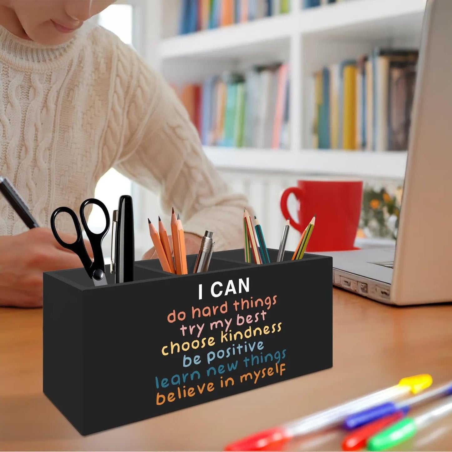 LIANGEAGOM Inspirational Pen Pencil Holder Organizer for Desk Accessories, Boho Classroom Decor, I Can Do Hard Things Motivational Wooden Box Signs Decorations for Counseling Office Desk Tabletop