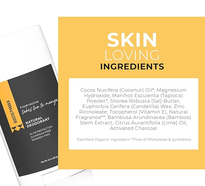 Rustic MAKA Natural Deodorant, Takes Two To Mango (Mango + Lime), Free of Aluminum, Baking Soda & Parabens, Activated Charcoal + Magnesium, Continuous Odor Control, 3-Pack