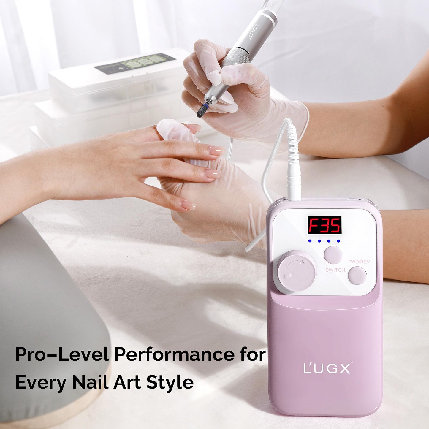 L'UGX Nail Drill Machine 35000RPM – Rechargeable Electric Nail File with LED Display, Portable Efile Nail Drill for Acrylic Gel Nails, Cordless Nails Drill for Beginners & Pros - Purple