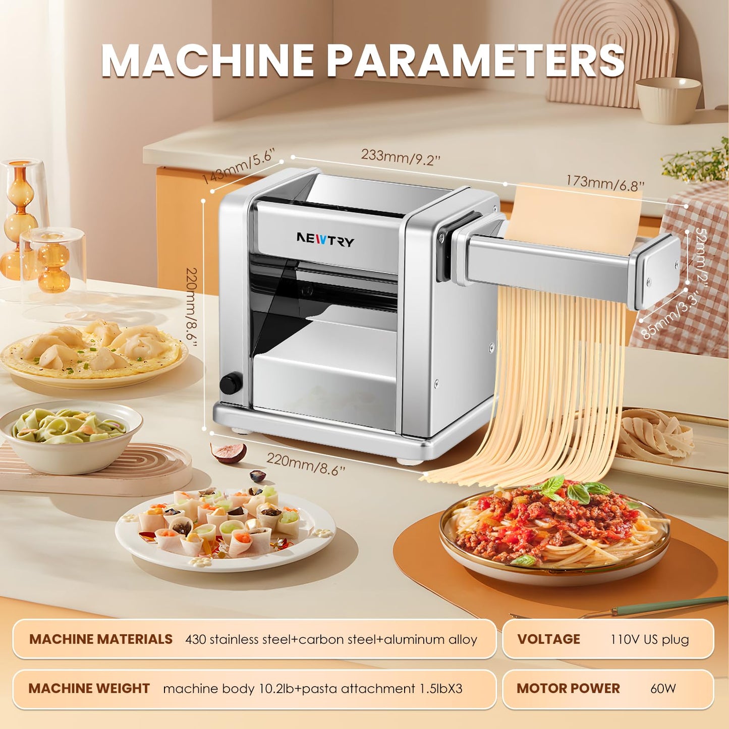 NEWTRY Electric Pasta Maker Family Noodle Making Machine Dough Roller Press Cutter with 3 Blade Attachments 2mm/4mm/6.5mm Pasta for Home Use US 110V