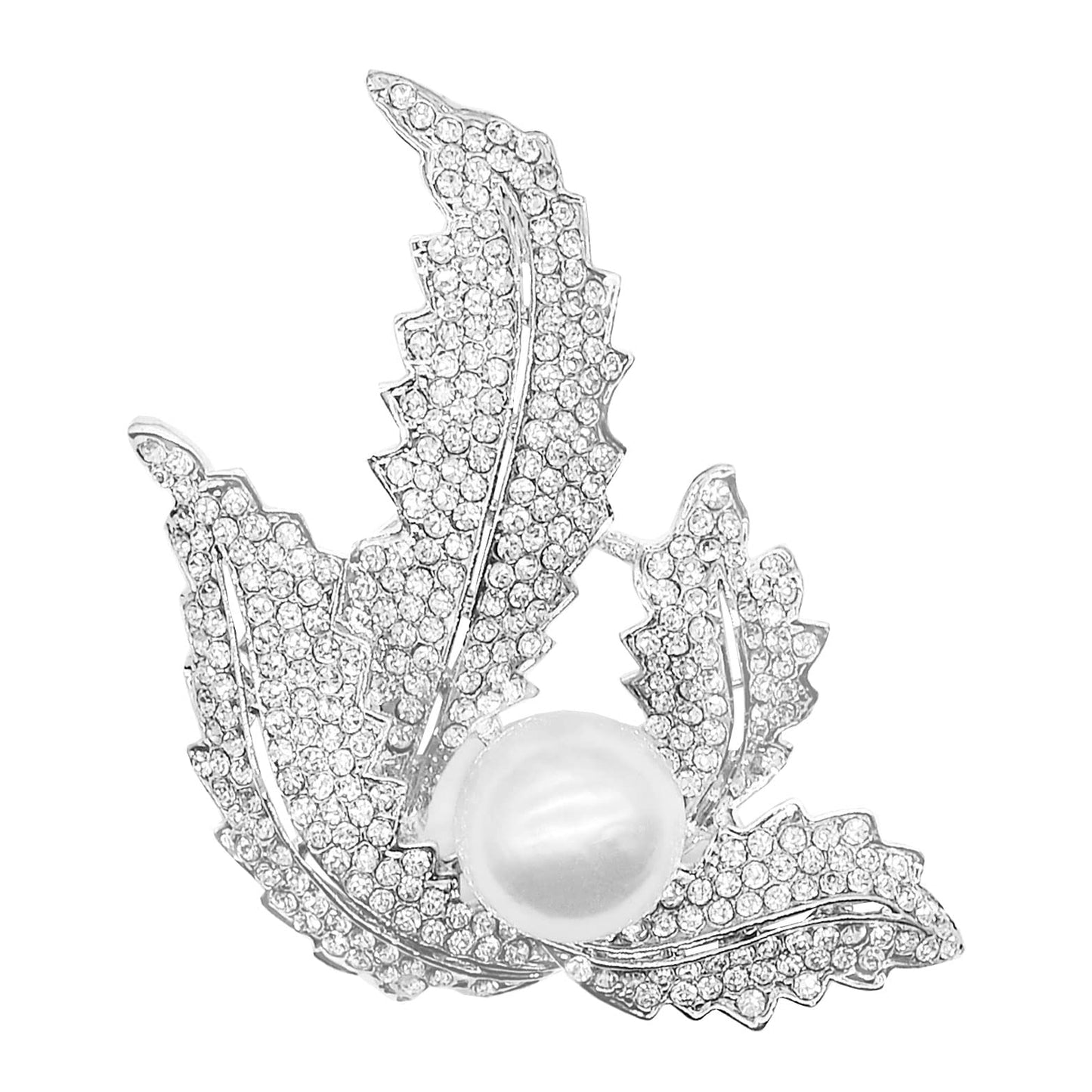 SinglinArt Brooches for Women Girls White Leaf Rhinestone Crystal Jewelry