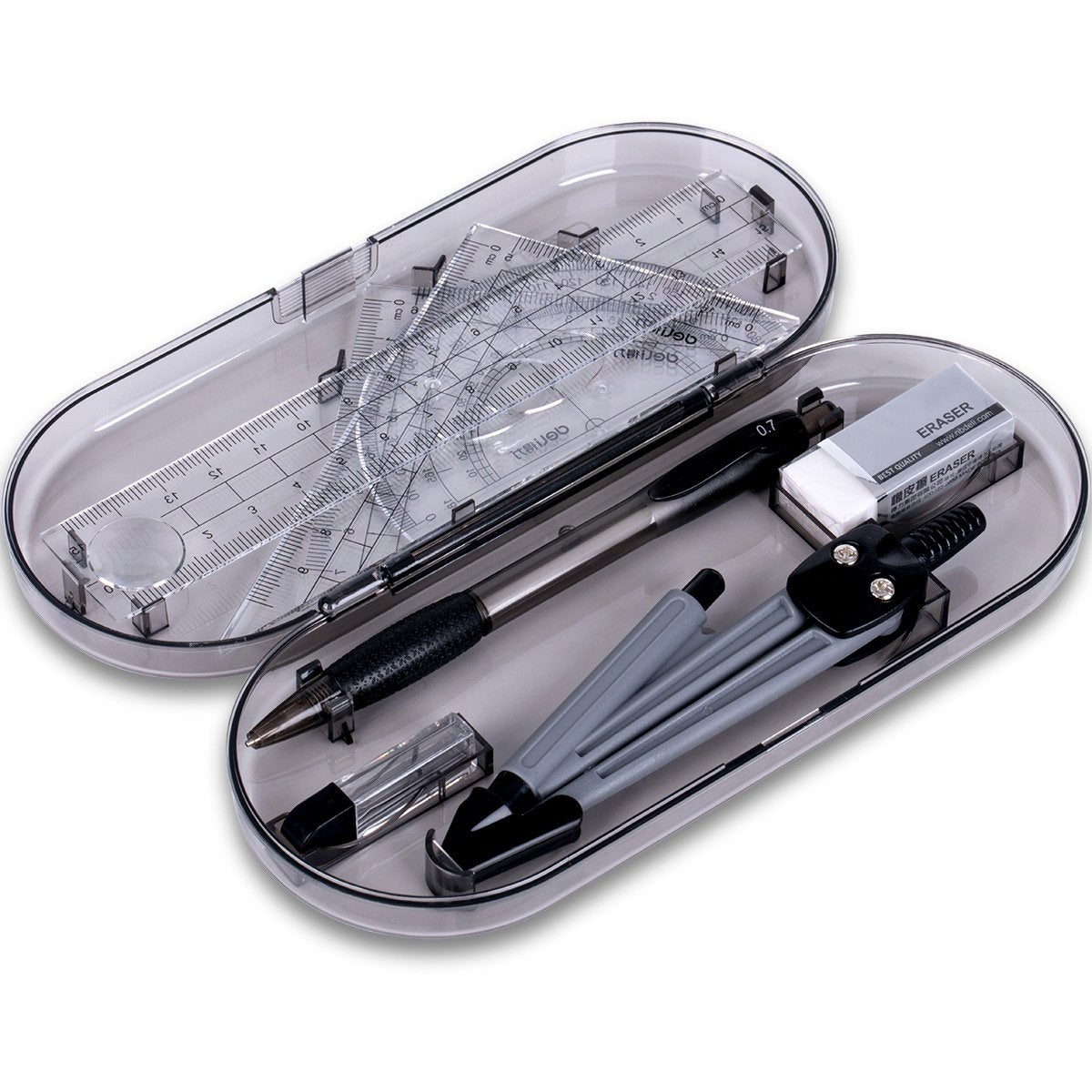 Math Geometry Kit Set 8 Pieces Student Supplies with Shatterproof Storage Box & Reusable Pouch,Includes Rulers,Protractor,Compass,Pencil,Eraser.for Students and Engineering Drawings