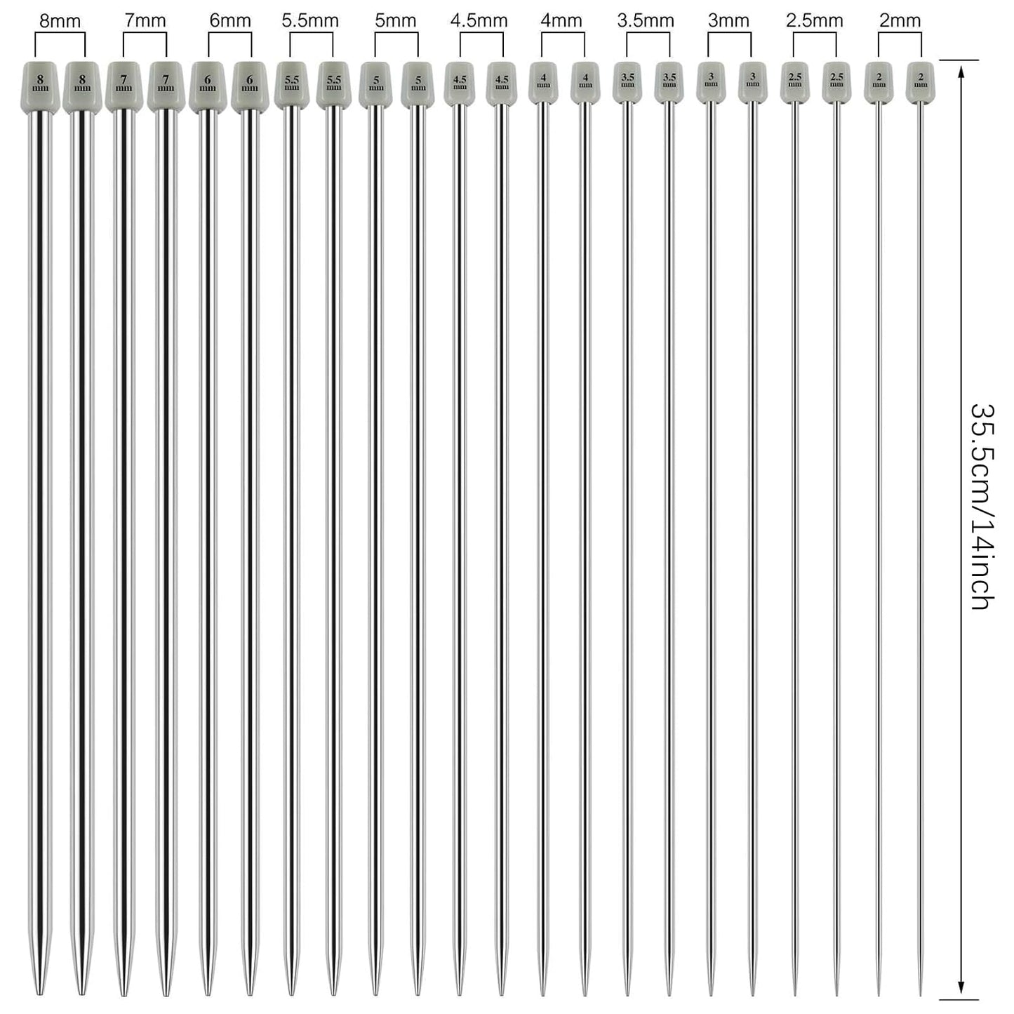 Hysagtek 22 Pcs Knitting Needles Set, 14 Inches Stainless Steel Straight Single Pointed Knitting Needle Kit Metal Knitting Kit in Different Sizes 2.0mm to 8.0mm, with Gift Organizer Bag, 11 Pairs