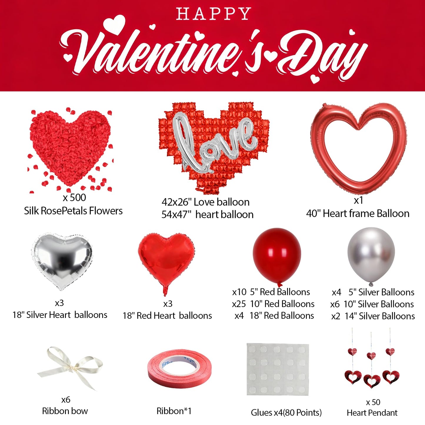 648PCS Valentines Party Decorations Kit with Rose Petals, Red and Silver Heart Balloons, Valentines Day Decor for Home, Wedding Decorations, Anniversary, Galentines Day Party