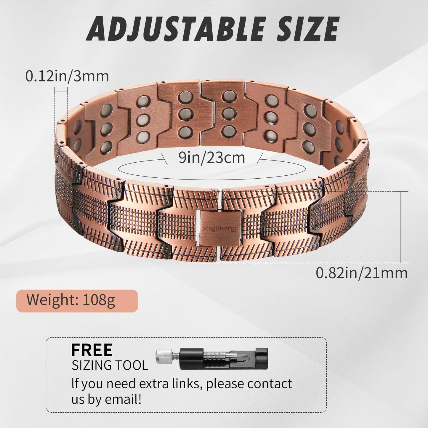 MagEnergy Copper Bracelet for Men, 3-Row Magnet Design, Ultra Strength Magnetic Bracelet 99.99% Pure Copper Wristband Adjustable Jewelry Gift with Sizing Tool
