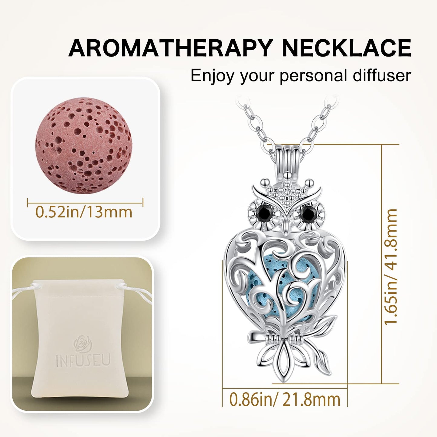 INFUSEU Owl Necklaces for Women Aromatherapy Essential Oil Diffuser Jewelry Lava Rock Stone Pendant Spiritual Animal Items Unique Aroma Perfume Gifts for Owl Lovers Meditation Yoga