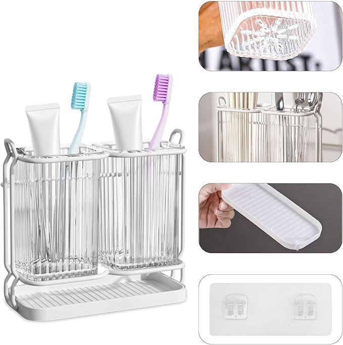 Toothbrush Holders for Bathrooms, 2 Cups Toothbrush Holders Wall Mounted, Dry & Wet Separation, Bathroom Organizers and Storage, Bathroom Toothbrush Holder Set for Family Kids (White)
