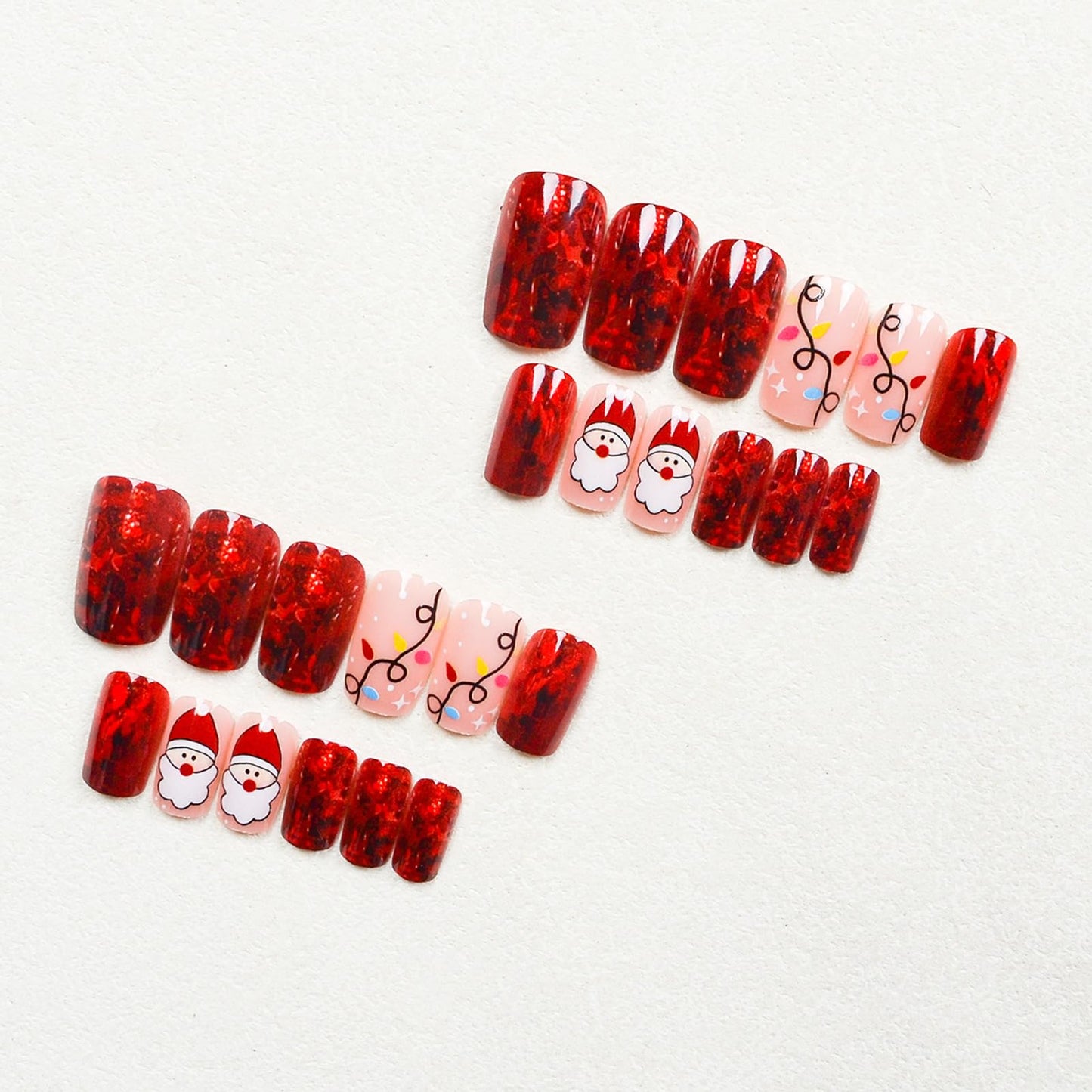 IMSOHOT Press on Nails Short Square Fake Nails Red Shiny False Nails with Santa Pattern Designs Cute Glossy Full Cover Glue on Nails for Women Girls 24Pcs