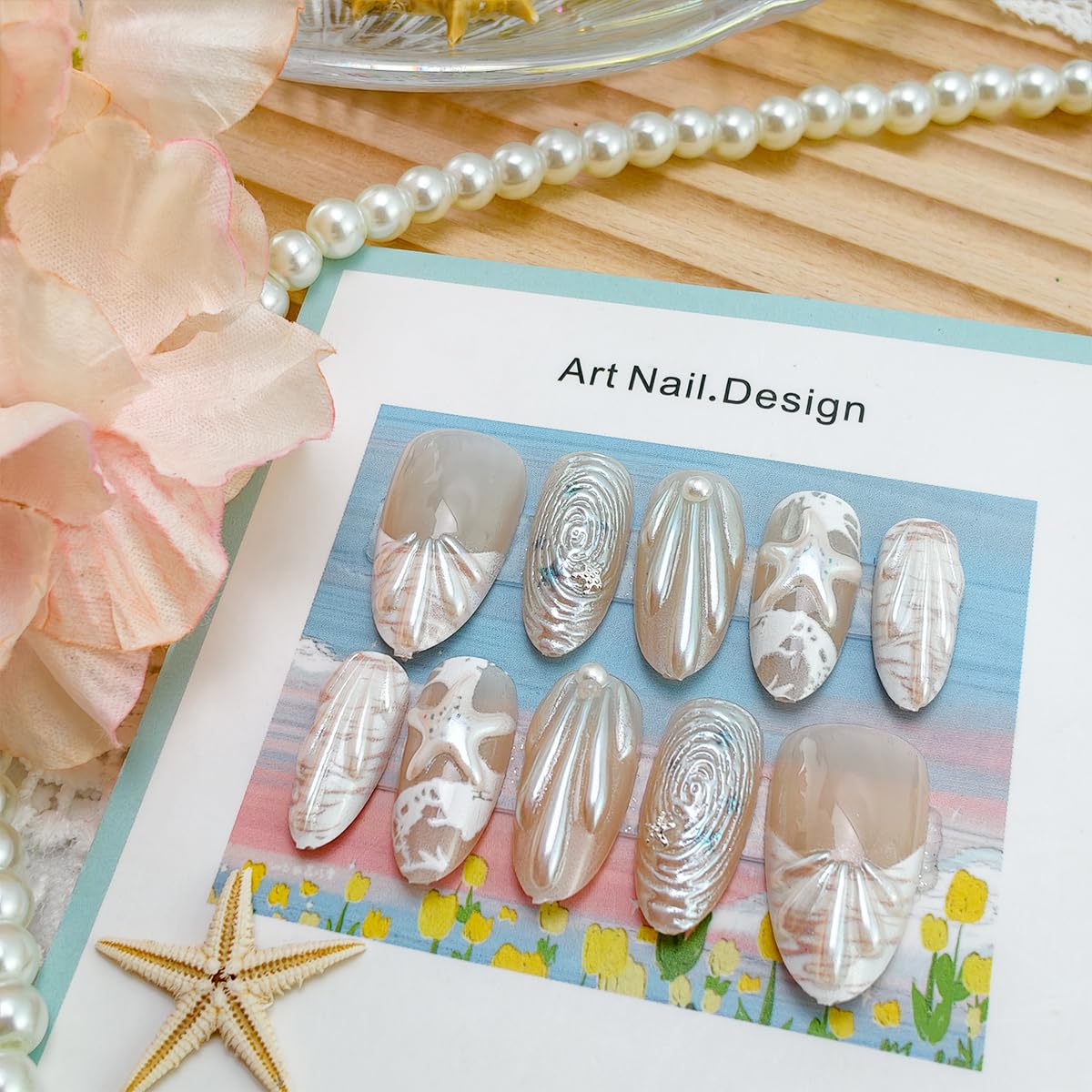 30Pcs Summer Press on Nails Medium Almond Glue on Nails French Tip Fake Nails with 3D Pearl Seashell Design French Beach Acrylic Nails Cute Starfish False Nails White Ocean Stick on Nails for Women