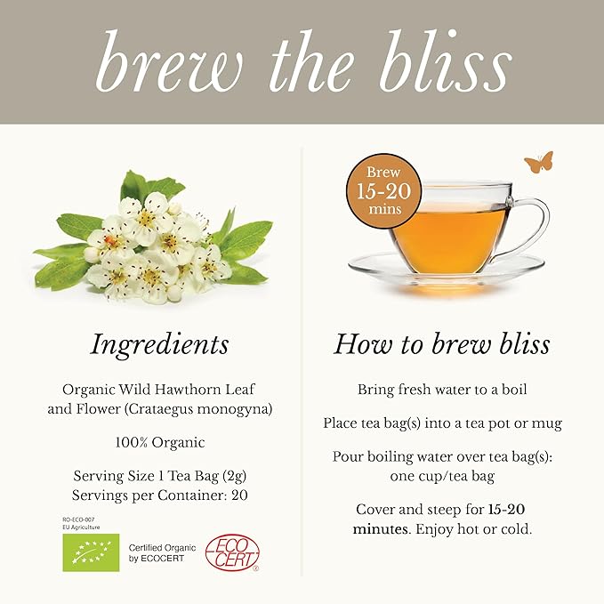 Wild Bliss Organic Wild Hawthorn Leaf and Flower Herbal Tea - Caffeine Free Heart Health Herbal Support - 20 Plant Based Tea Bags