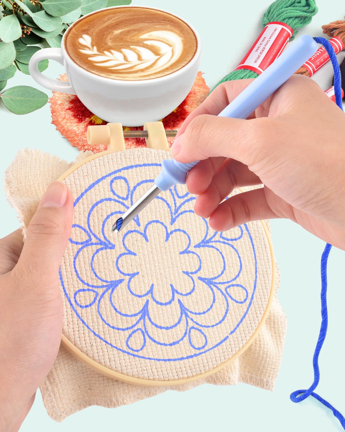 ERKOON Punch Needle Coasters Kit Adults Beginners, 6 Pcs DIY Easy Coaster Embroidery Set for Starter Art Craft, Needling Punching Project with Patterns, Tools, Yarns, Hoop, Instruction