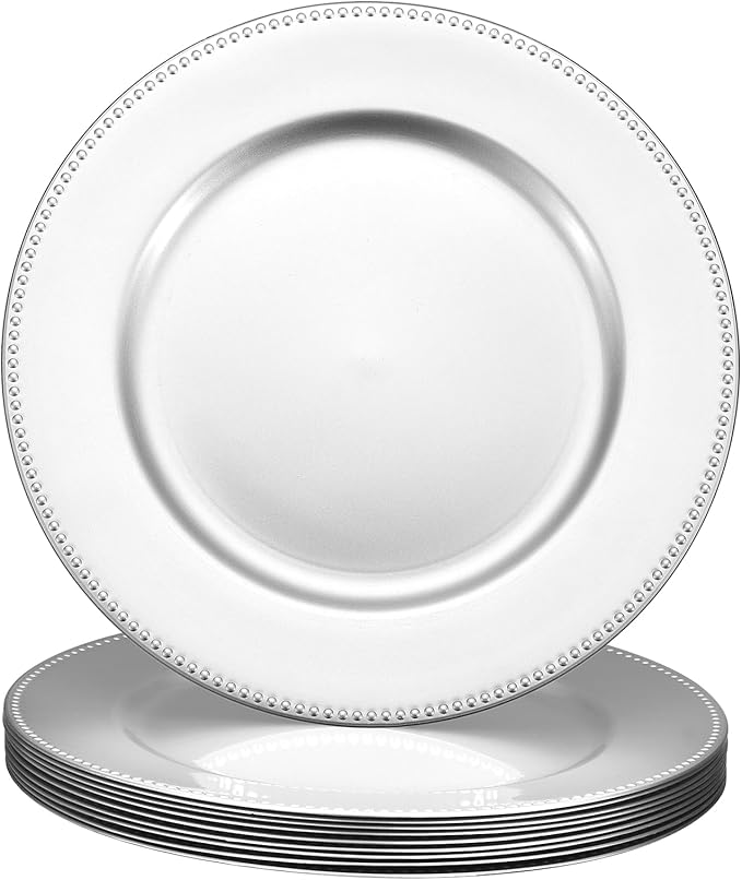 uxcell 10pcs Charger Plates Bulk 13 Inch Plastic Charger Plates Round Plate Chargers for Dinner Wedding Party Event Table Setting Decoration Silver