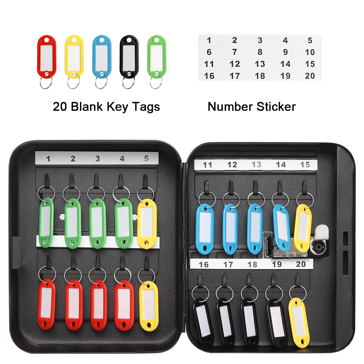 Decaller 20 Key Storage Lock Box with Code, Wall Mount Metal Security Key Cabinet with Combination Lock, 7.87" x 6.30" x 2.95", Black