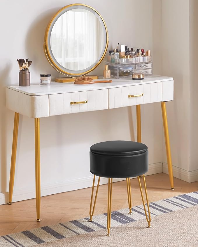 IBUYKE Faux Leather Round Footrest Stool with Storage Ottoman, Makeup Vanity Chair Side Table, PU Dressing Table Seat, Removable Cover, Golden Steel Legs, Black WBD024B