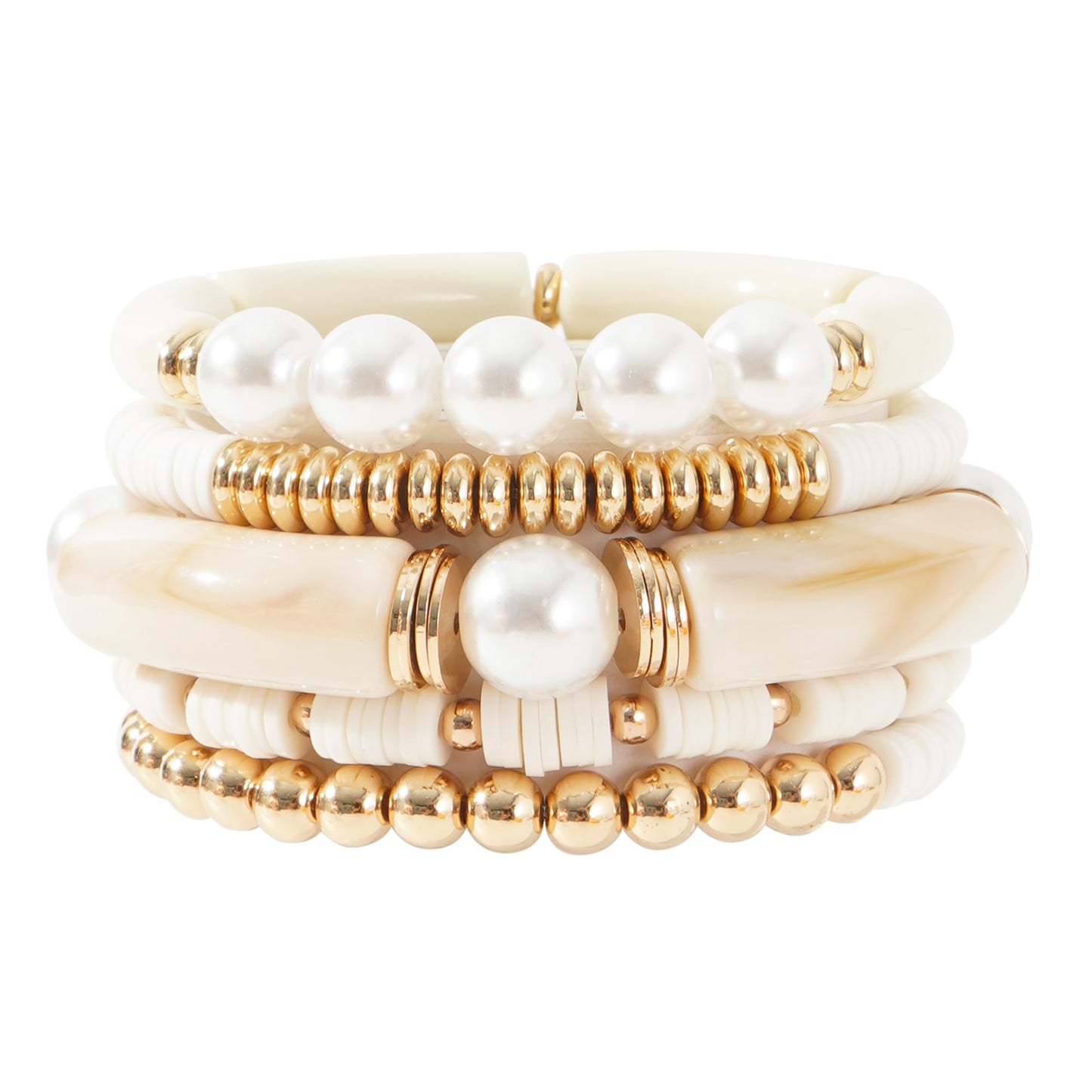 GOOJIDS Simple Beaded Gold Plated Bangles Bracelet Chunky Bamboo Tube Curved Stacking Clear Acrylic Colorful Beads Stretchable Gold Plated Bracelets Set For Women