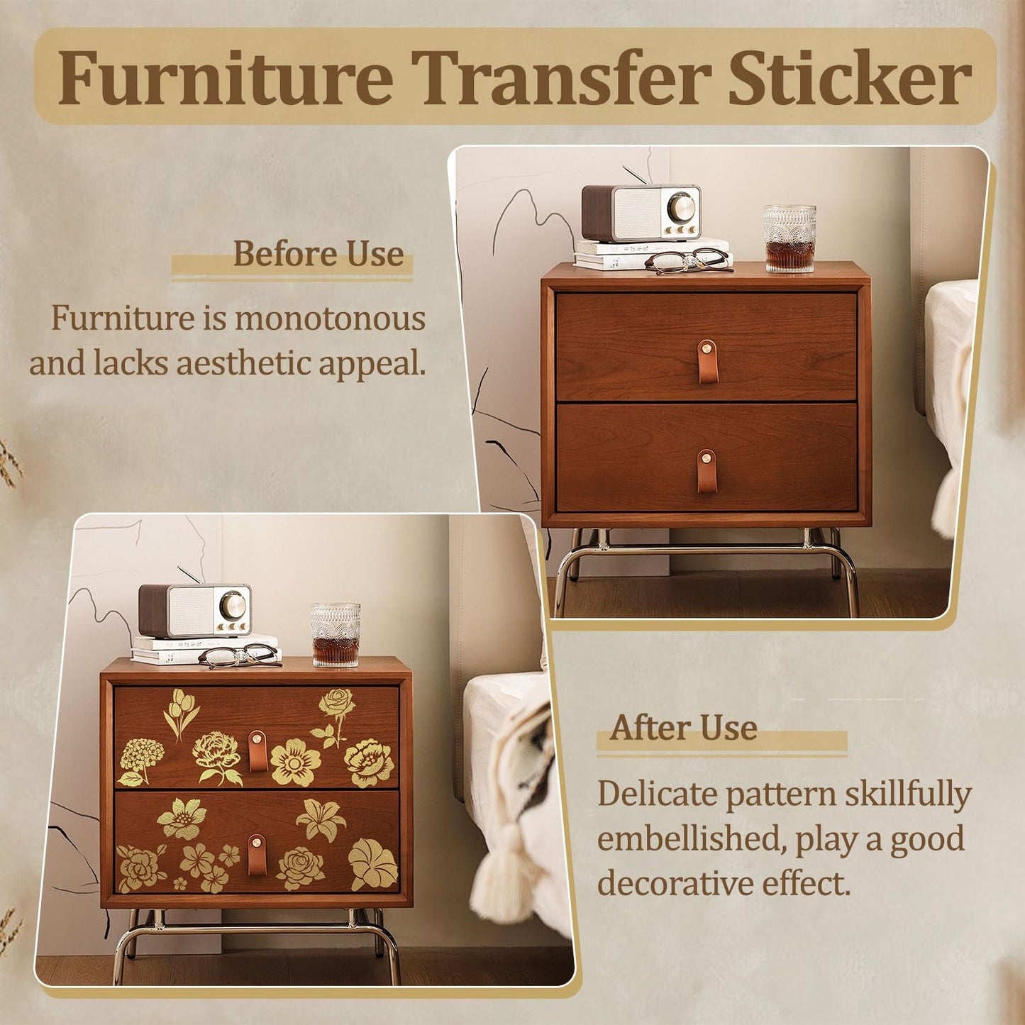 WANDIC 8 Sheets Gold Stamping Transfer Sticker Decal Furniture Flower Theme Rub on Transfers Stickers Decorative for Bookcase Postcard Scrapbooking,10 * 30cm