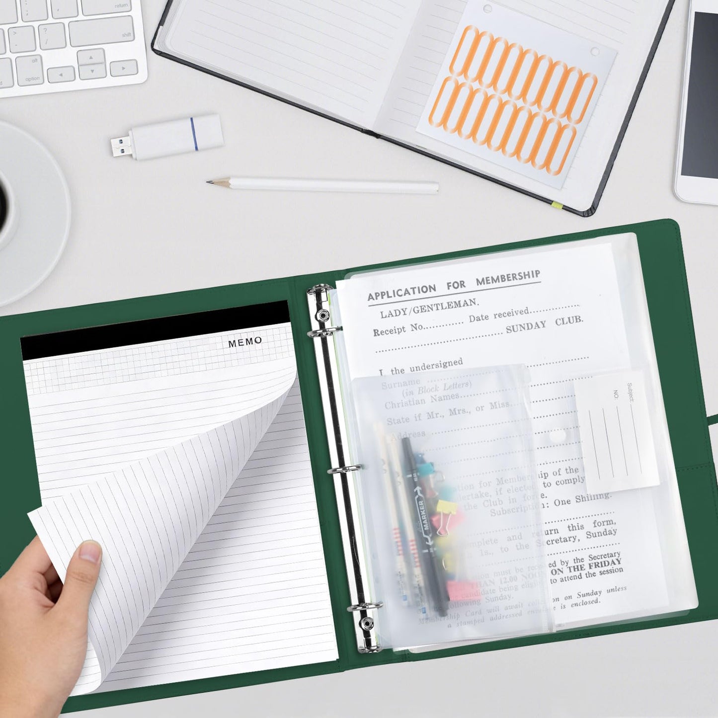 BVSSX 3 Ring Binder with Clipboard,1 Inch Binders with Notepad&5 Dividers with Pockets, Labels,PU Clipboards for School Office(Green,Letter Size)