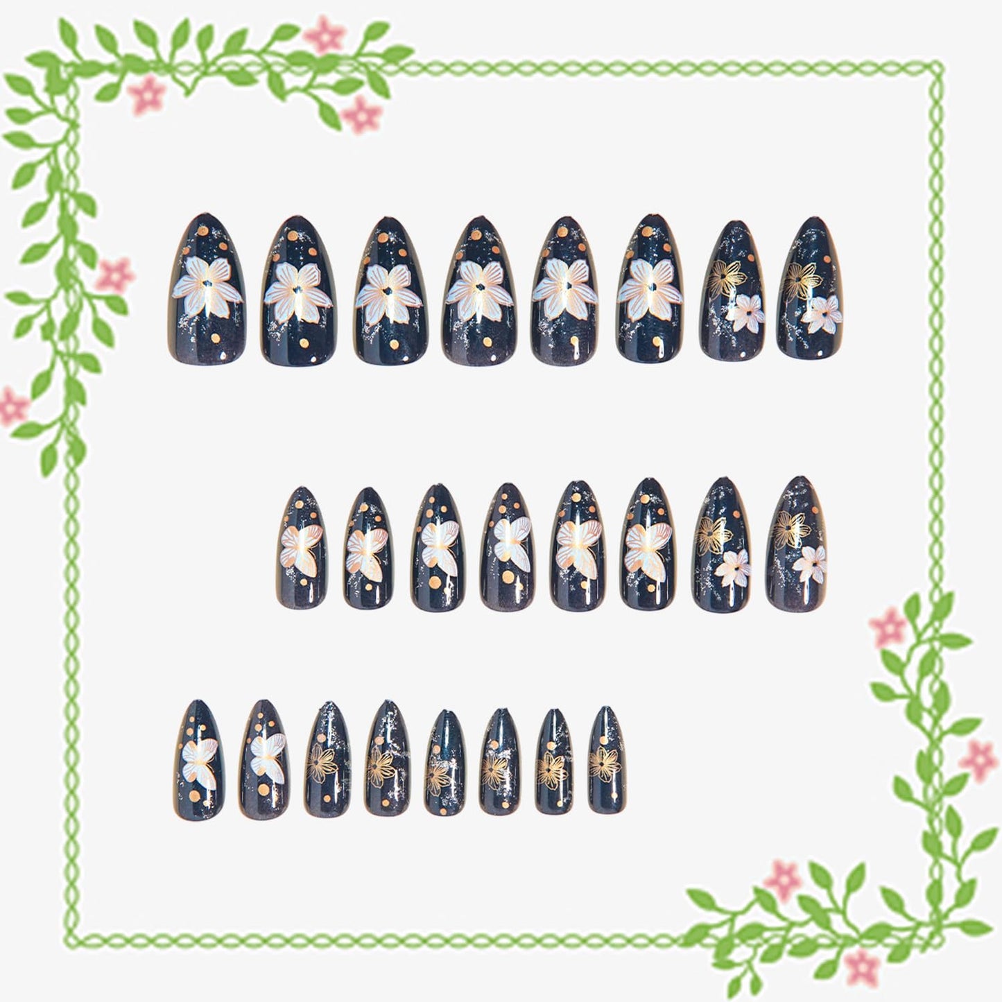 Flower Black Press on Nails Medium Artificial Acrylic False Nails Metal Butterfly with Stick on Nail Full Cover Rhinestones Almond Reusable Coffin Artificial Floral Fingernails for Women Manicure