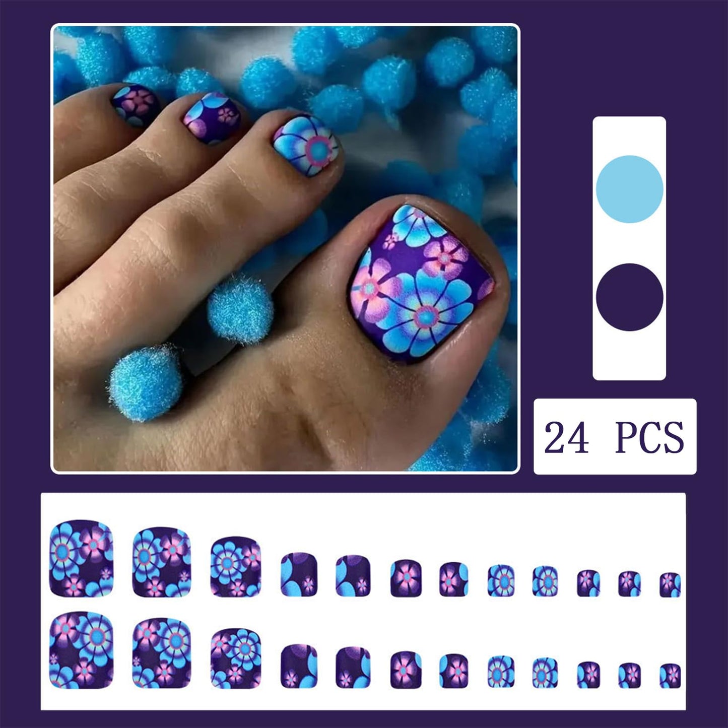 24PCS Summer Daisy Press on Toenails Short Square with Flower Designs Blue Purple Flower Matte Acrylic Full Cover Spring Summer Reusable False Toe Nails Kit with Jelly Toenails for Women