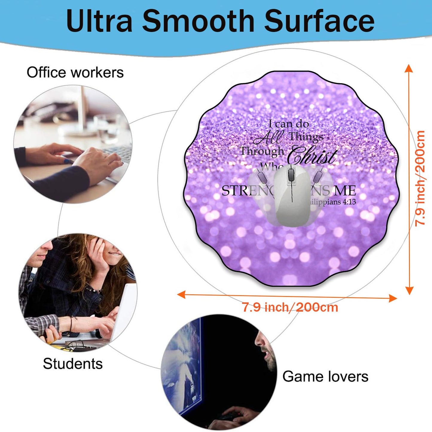 Pen Holder and Anti-Slip Mouse Pad Combination, Makeup Brush Storage Box, Tableware Storage Box, Suitable for Office and Home - Purple Glitter Quote Philippians 4-13