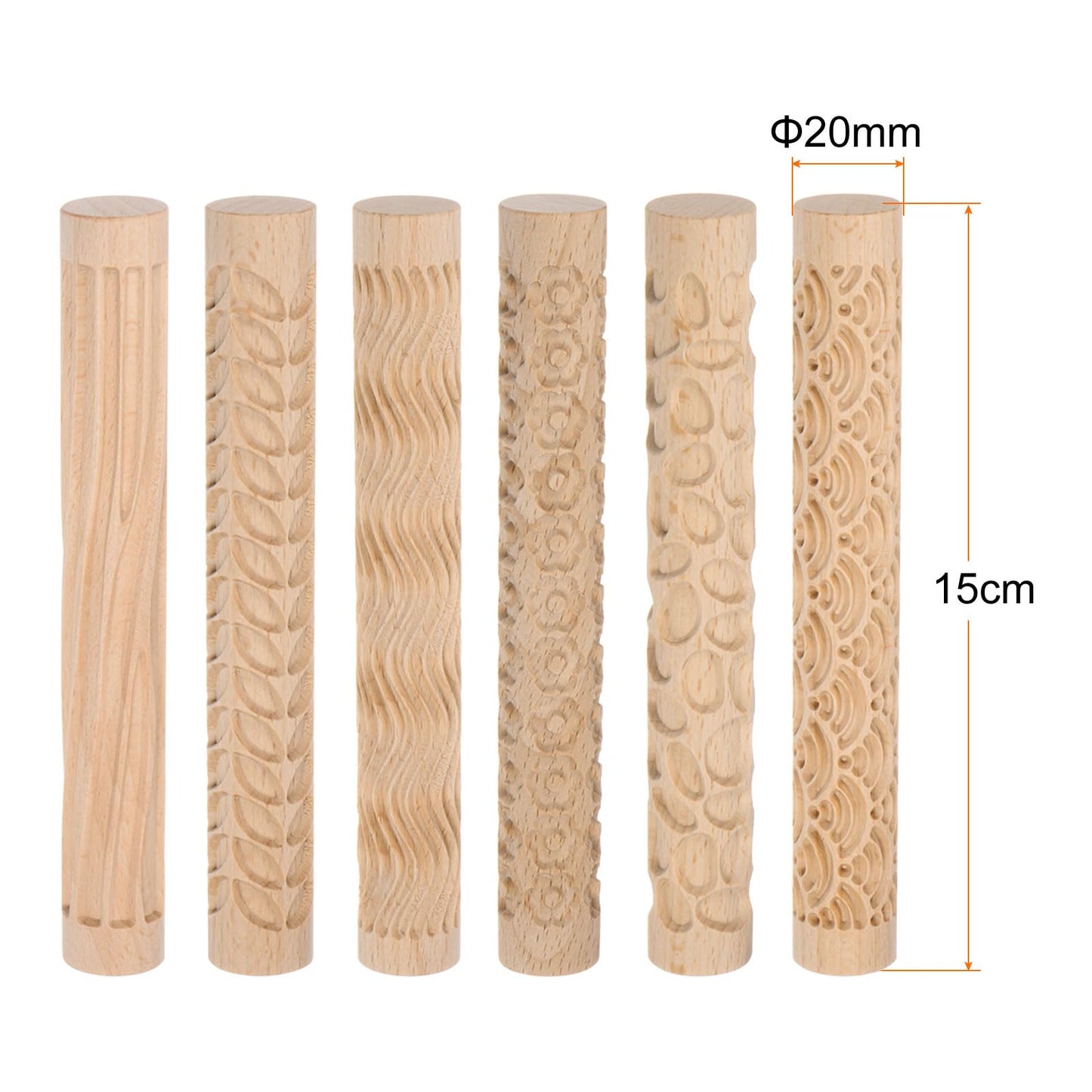HARFINGTON 6pcs Wood Clay Roller Pattern Modeling 5.9 Inch Beech Wood Hand Rollers Wooden Pottery Tools Wood Grain Texture Rollers for Clay Baking Playdough DIY