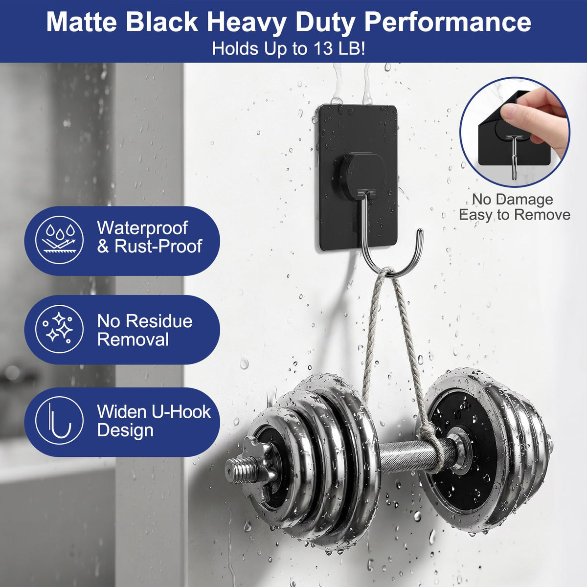 Adhesive Wall Hooks No Drill Large Black Heavy Duty (12 Count)