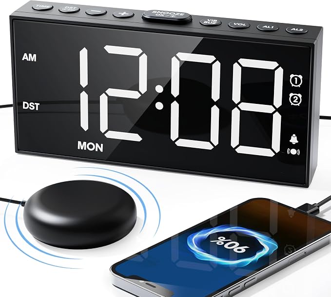 Vibrating Alarm Clock with Bed Shaker for Heavy Sleepers, 3-level Vibration