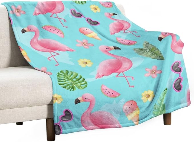 Flamingo Blankets Gifts - 30 x 40 Inches Cute Throw for Girls - Green Soft Fuzzy Plush Flamingo Blankets for Bed