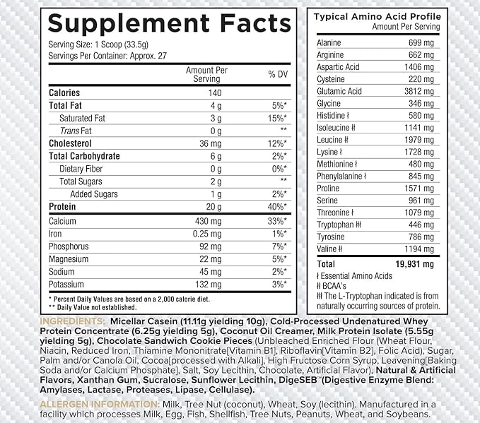 Core Nutritionals Pudd'n, Decadent Protein Pudding Mix, Full Disclosure Casein Blend, Sustained Release, 20G Protein, 27 Servings (Cookie Dough'n Cream, 2 lb)