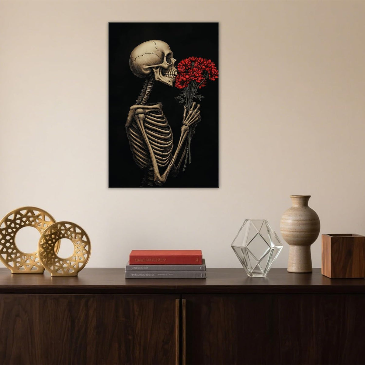 OAAPITI Red Rose Skull Wall Art Dark Themed Skeleton Painting Modern Artwork for Gothic Home Decor(Artwork-5,16"x24")