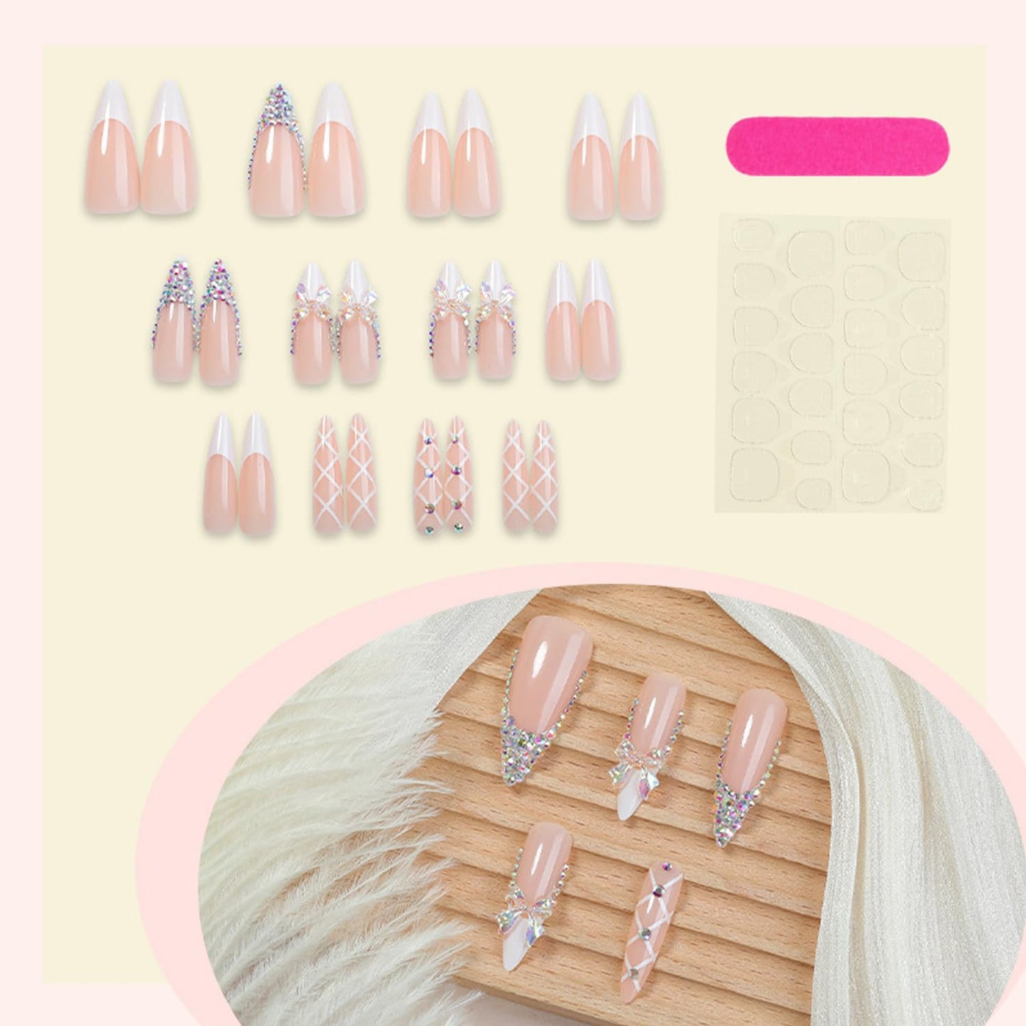 24Pcs White French Tip Press on Nails Long Stiletto Fake Nails with 3D Rhinestone Design False Nails Holographic Bow Glue on Nail Nude Glossy Full Cover Cute Bow-Knot Artificial Acrylic Nail for Women