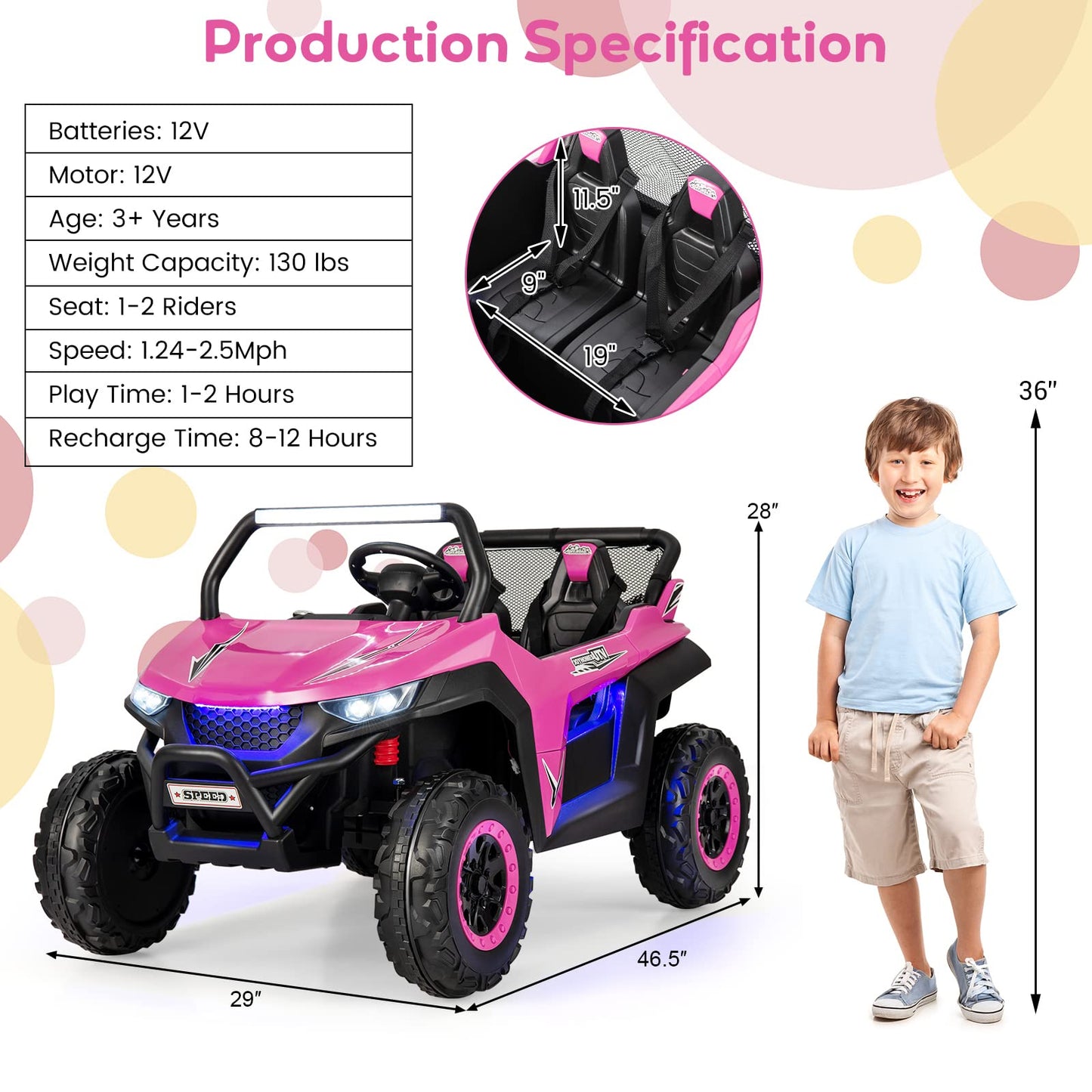 HONEY JOY Pink 2 Seater Ride On Car, 12V Battery Powered Ride On Truck w/Remote Control, Spring Suspension, High/Low Speed, Storage, Music, USB, Ambience Lights, Electric Vehicle UTV for Kids (Pink)