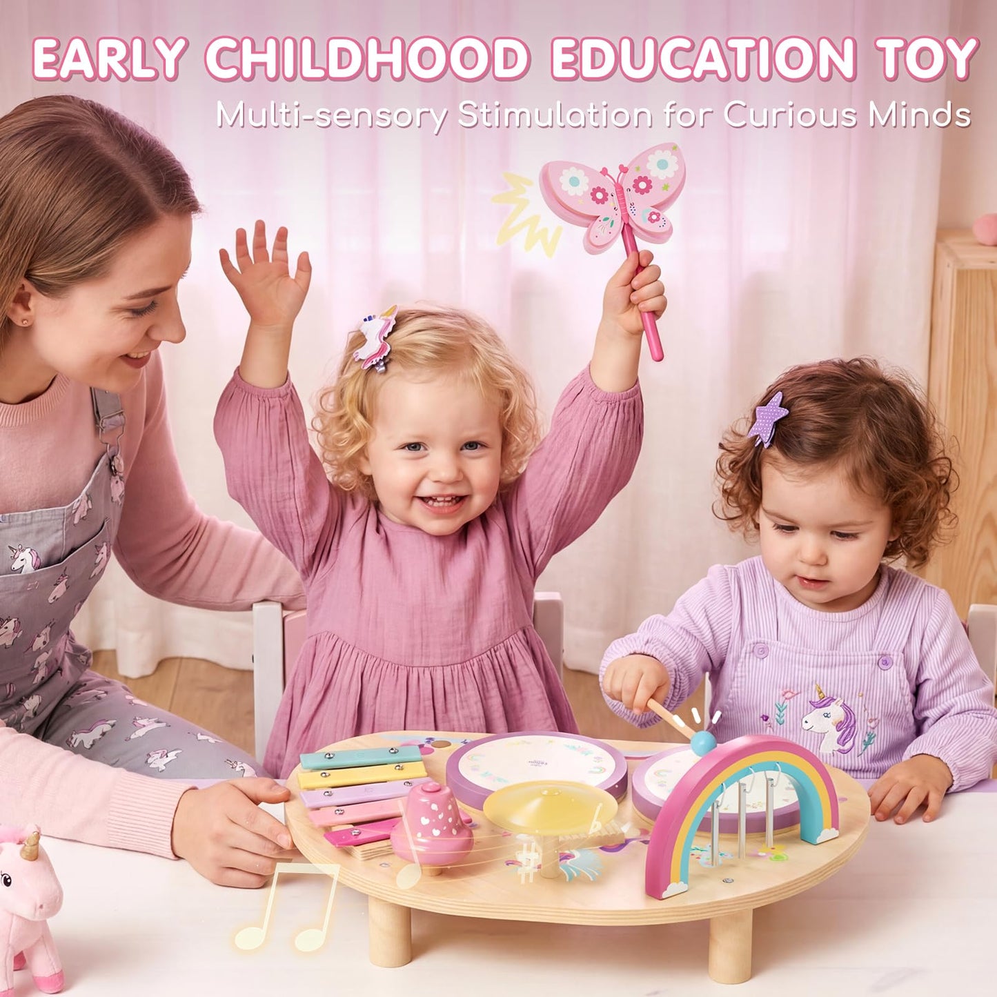 Lehoo Castle Toddler Drum Set, Unicorn Montessori Music Toys with Xylophone, 7 in 1 Wooden Musical Instruments for Toddlers 1-3, Baby Drum Set Educational Birthday Gift for 12-18 Months Girl