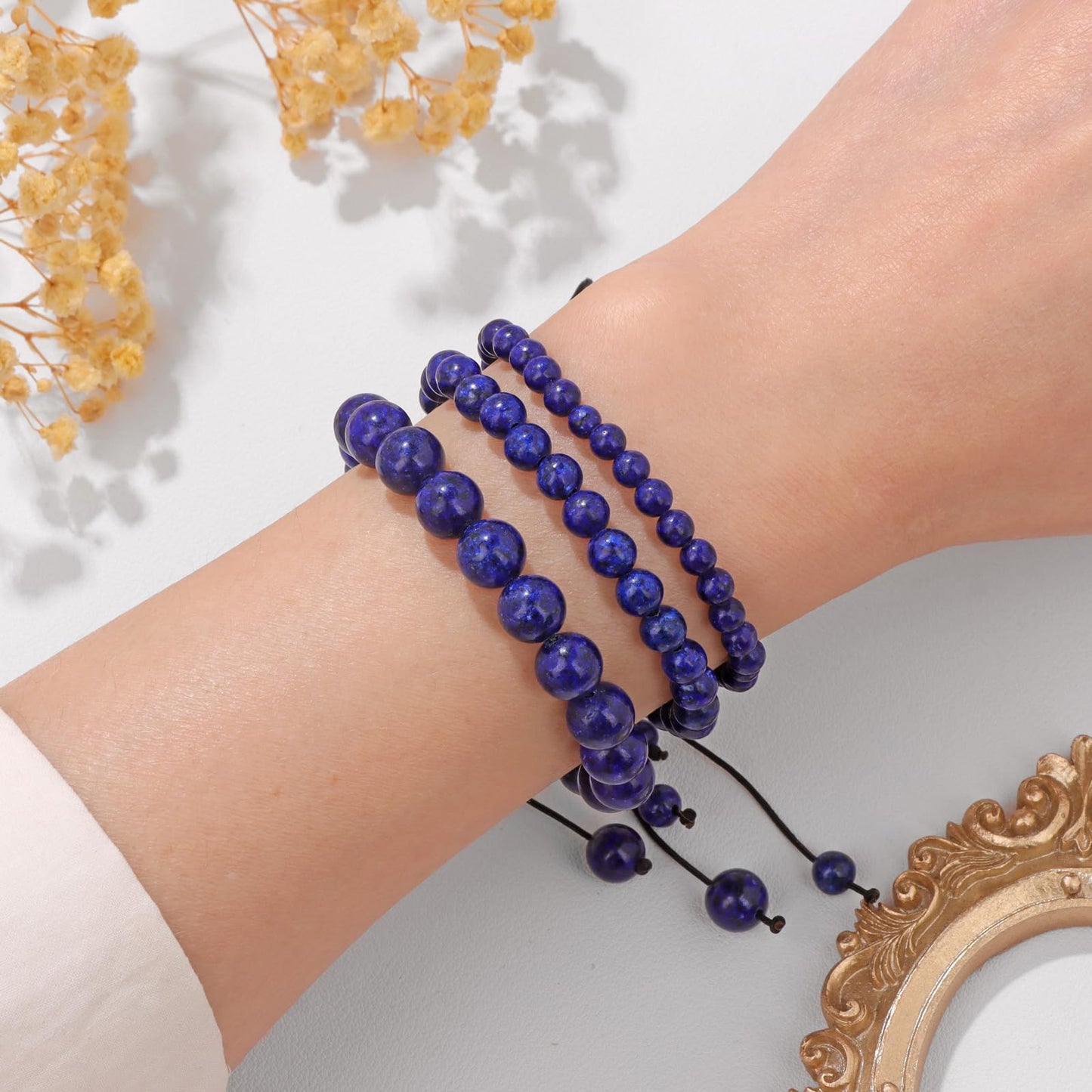 Pendlixy 4MM Lapis Lazuli Beaded Bracelet Handmade Adjustable Natural Lapis Lazuli Stone Crystal Bracelet Healing Inspirational Gifts for Women Men