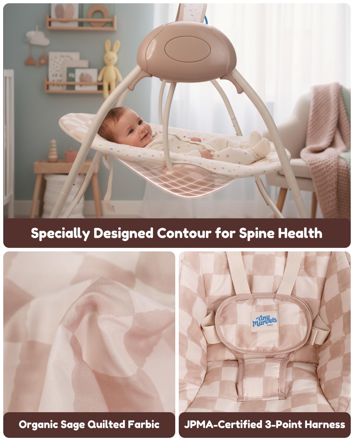 Baby Swings for Infants, Tiny Marvels Portable Swing with Adaptable Speed, Music, Removable-Toy-Bar, Foldable Infant Swing for Indoor and Outdoor Use, 0-9 Months 6-20 lbs(Sander Checker)