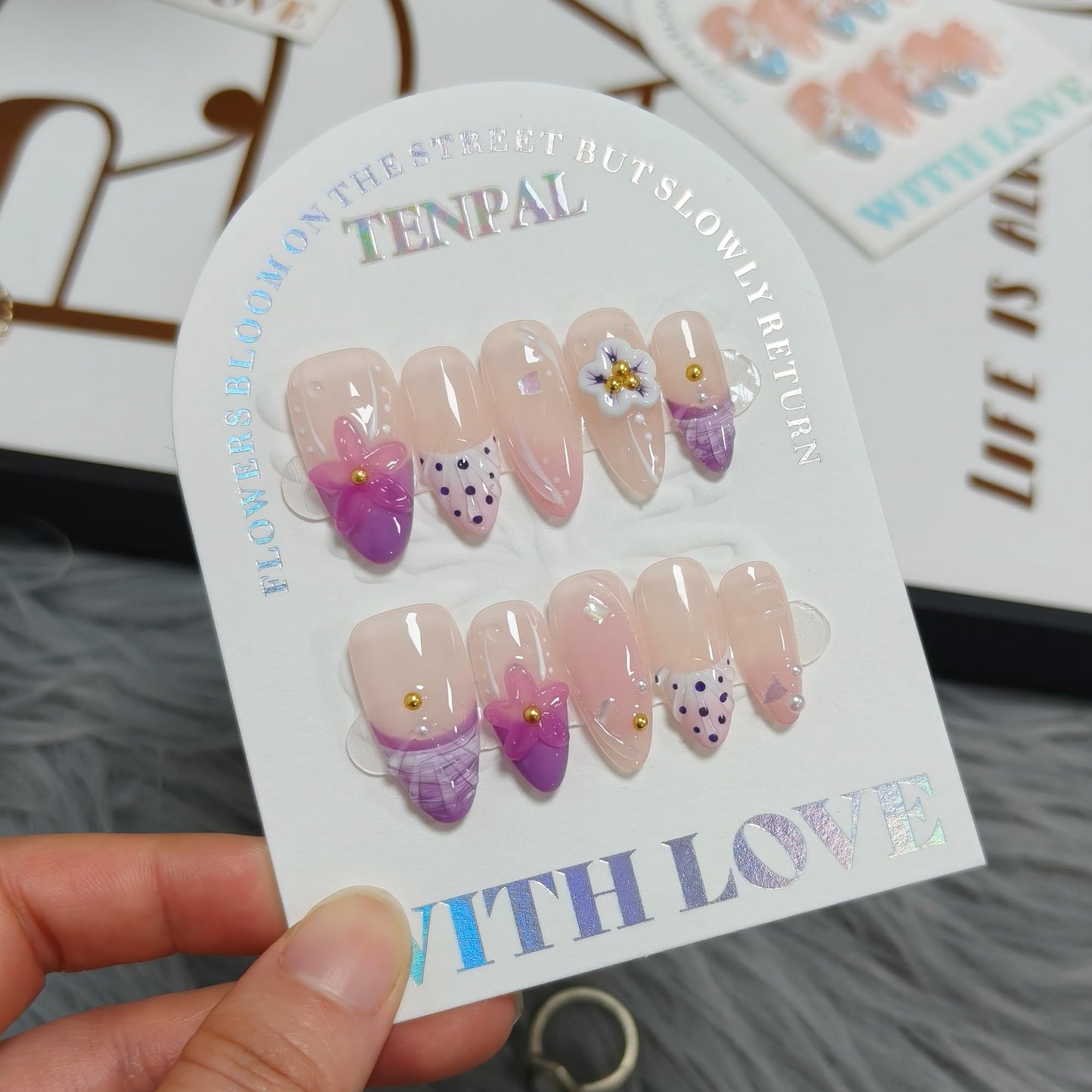 TENPAL Handmade Soft Lilac French Tips Press on Nails Medium Almond with 3D Glitter Floral & Pearl, Handmade & Reusable, Sheer Flattering False Nails for Everyday Summer Wear 10PCS(M)
