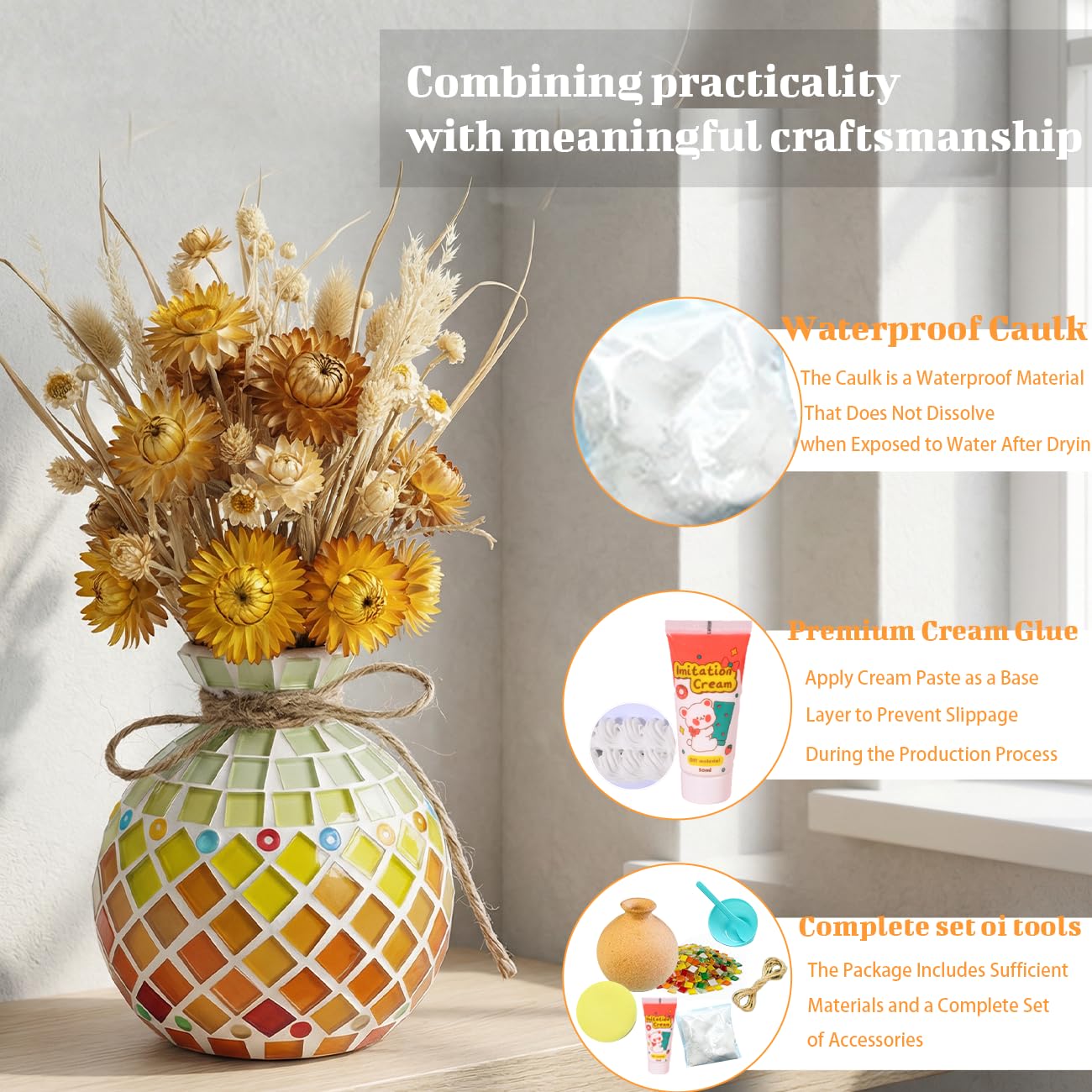 DIY Mosaic Vase Kit for Adults - Waterproof & Non-Slip Craft Set, Complete Mosaic Kits for Adults Women, Handmade Home Decor & Gift Idea