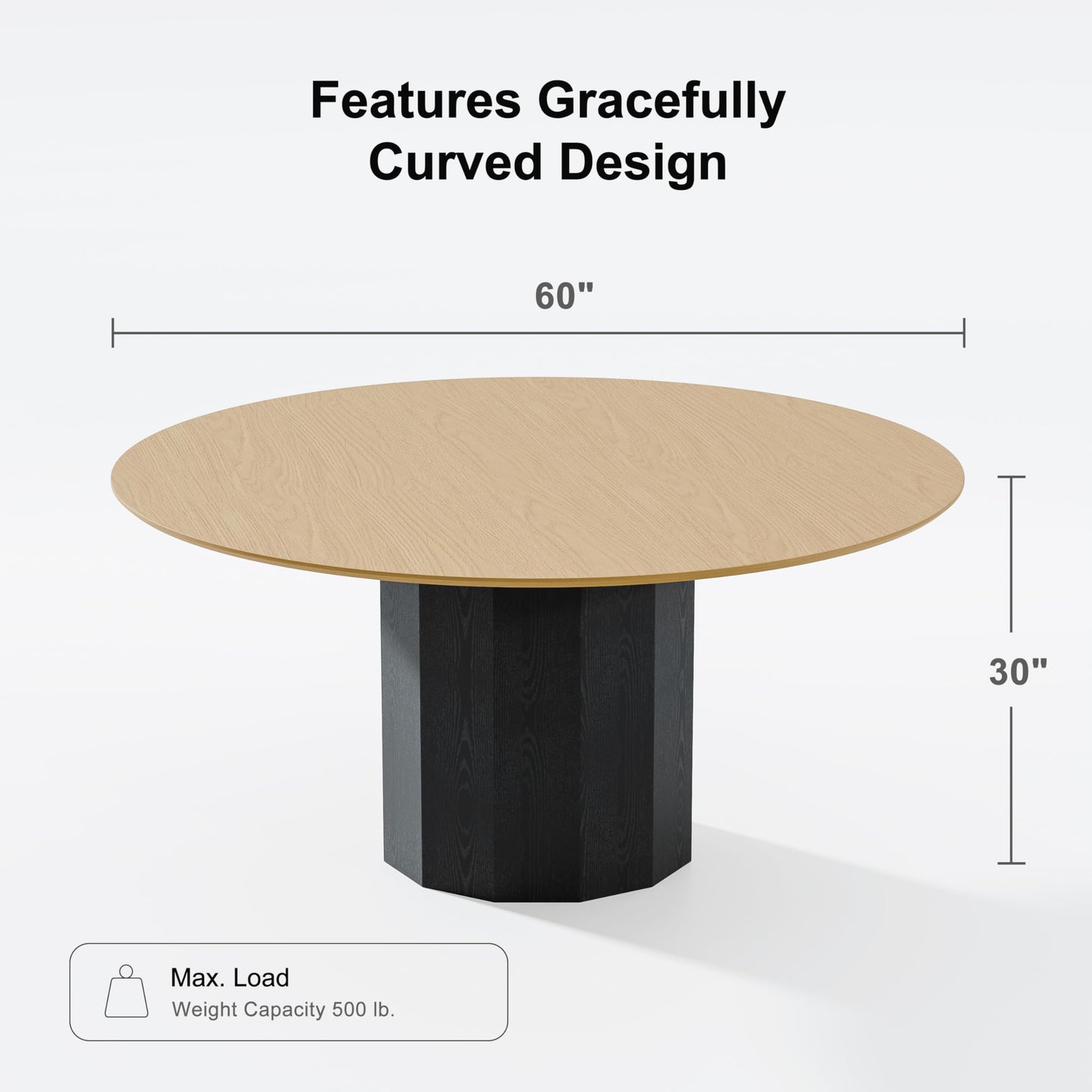 Casaphoria 60 inch Round Dining Table for 8 - Natural Top & Black Pedestal Base - Two-Tone Modern Kitchen Table - Large Circular Dining Room Table