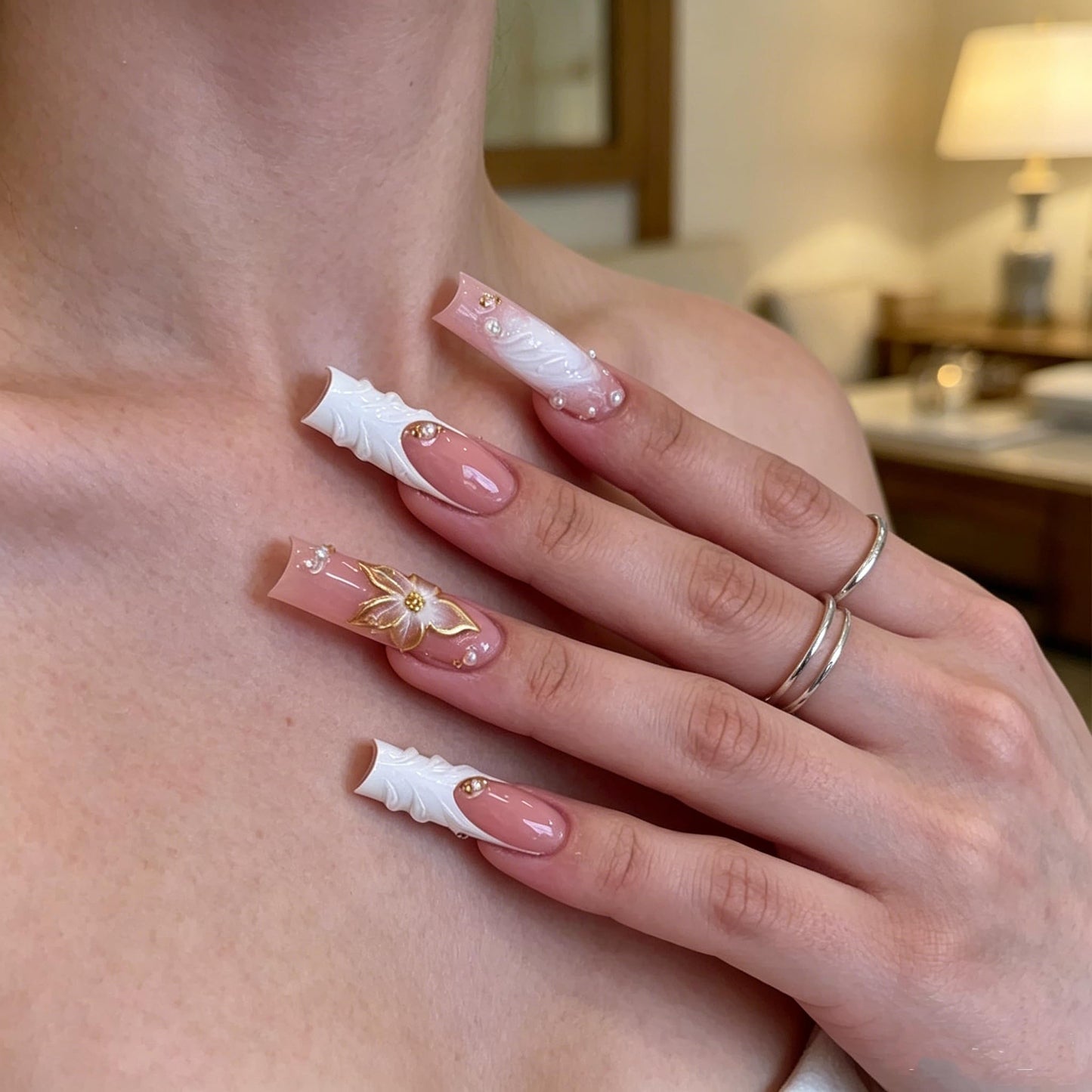 Long Square Press on Nails, plalely Gold Embossed Flowers Acrylic Press on Nails with Cute Pearl Charms Designs，Long Press on Nail for Women 24pcs