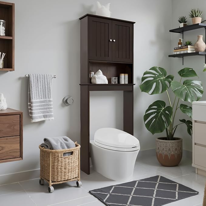 Over The Toilet Storage Cabinet, Behind Toilet Bathroom Organizer with Adjustable Shelves, Above Toilet Organizers with Barn Door, Space Saver for Restroom, Bathroom, Laundry