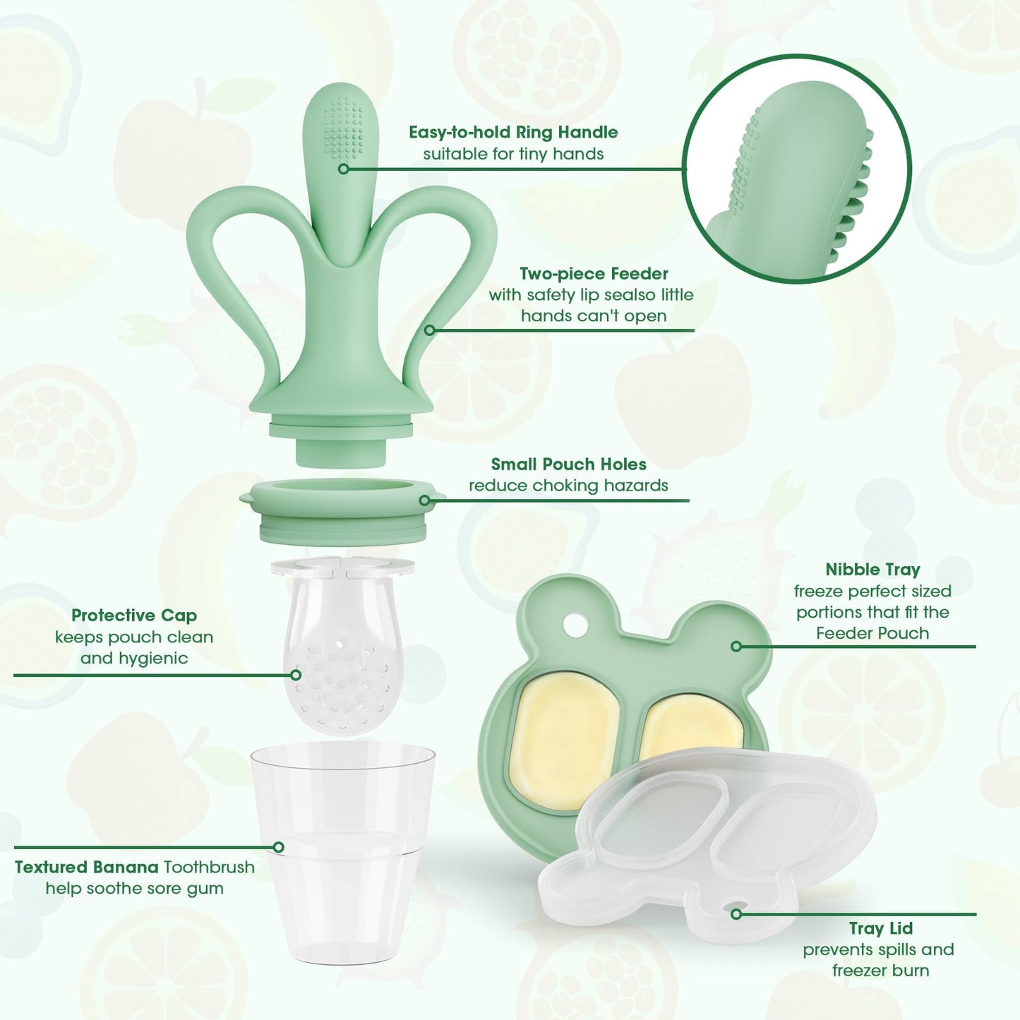 JEXFUN Baby Fruit Feeder & Breastmilk Popsicle Mold Set, Silicone Food Feeder Pacifier for Cooling Relief with 3 Replaceable Pouches, BPA-Free Teething Toy for Safe Infant Self Feeding (Pea Green)