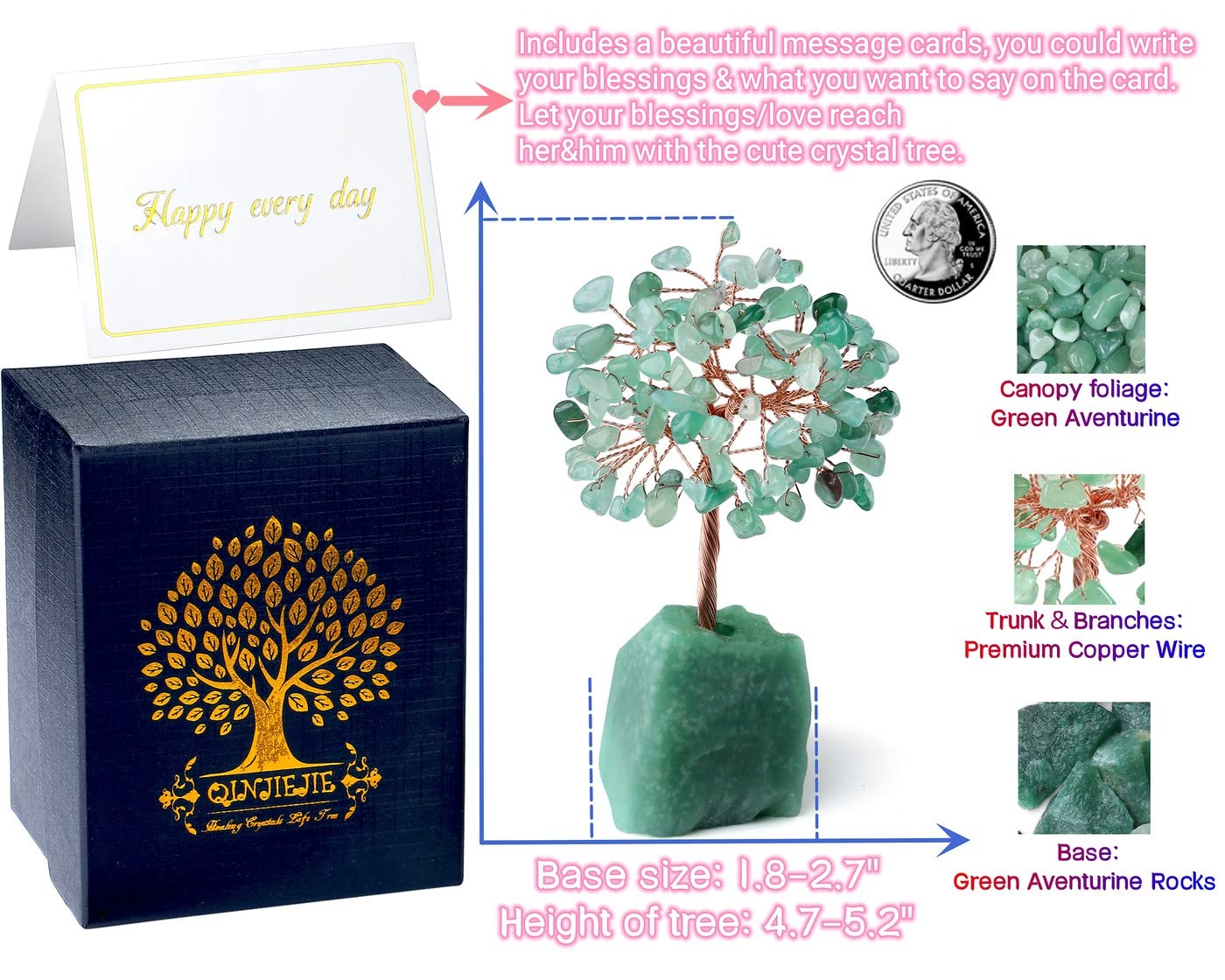 QINJIEJIE Green Aventurine Tree Crystal Tree Healing Crystals Natural Stone Base Money Tree Copper Wire Life Tree Energy Gemstone Office Desk Decor Meditation Spiritual Gift