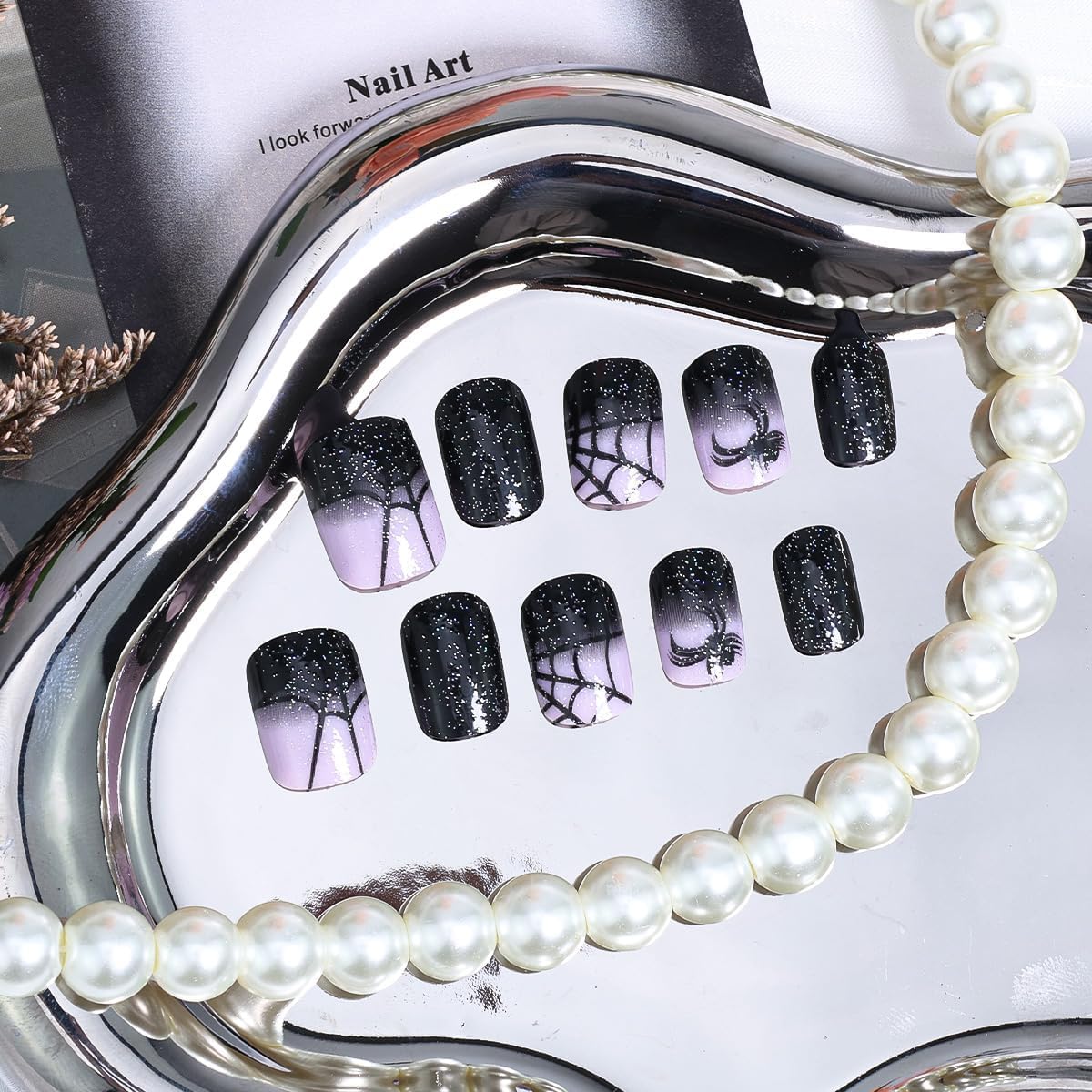 Halloween Press on Nails Square Shaped Fake Nails Cobweb & Spider False Nail with Glitter Designs Halloween Glue on Nail Black Bling Artificial Acrylic Nails for Women 24Pcs