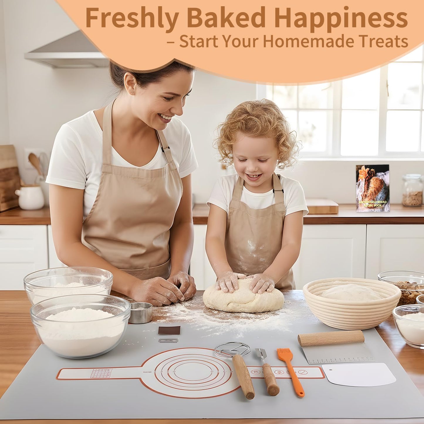 Fvbber Danish Dough Whisk Set 7 Piece with Wooden Handle - Sourdough Baking Supplies Kit Includes Bread Whisk, Scoring Tool, Dough Scraper, Baking Mat & Pastry Brush - Top Gadgets for Bakers