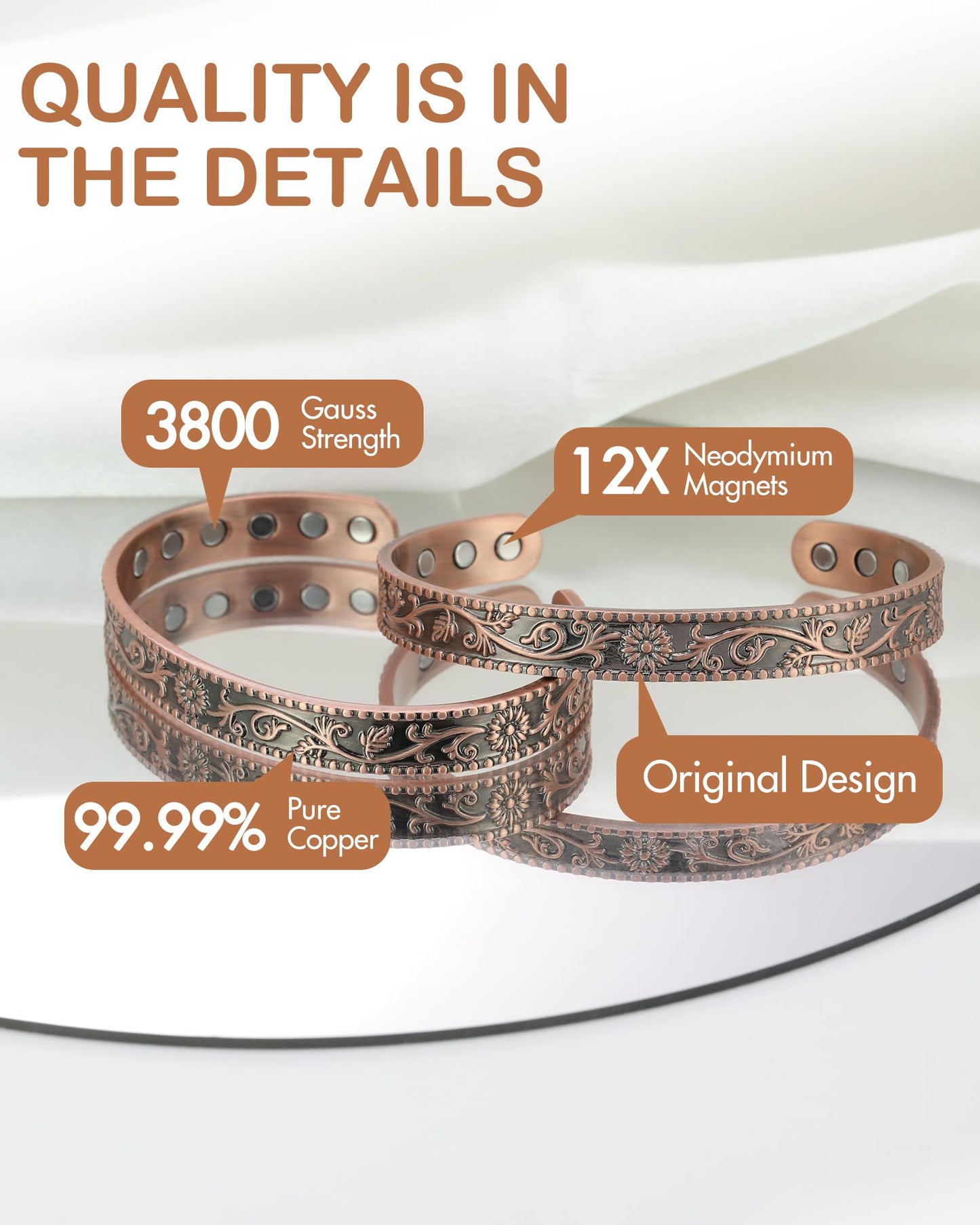 Feraco Pure Copper Bracelets for Women, 12X Enhanced Strength Magnetic Cuff Bangle for Women, 3800 Gauss Neodymium Magnets, Adjustable (Daisy)