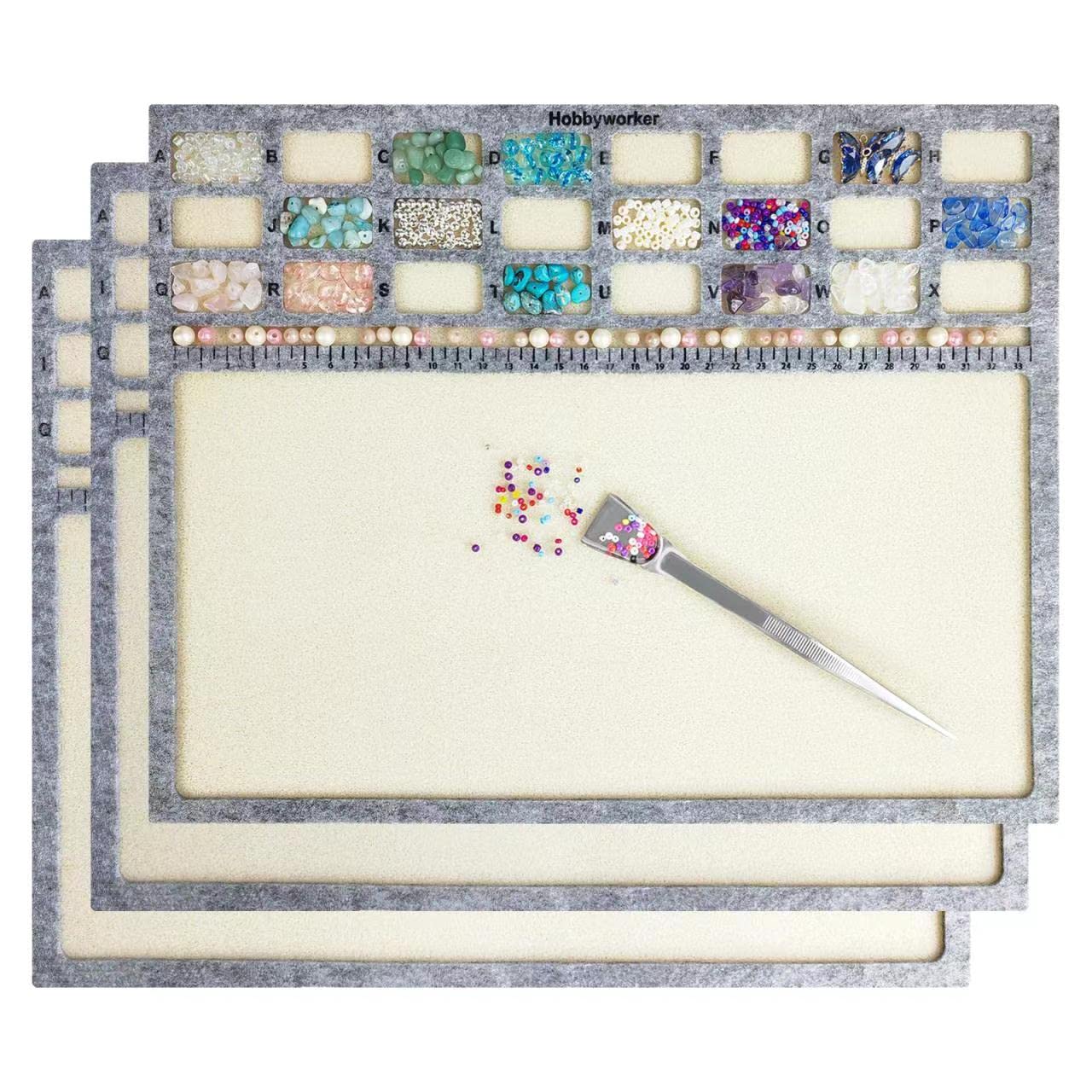 hobbyworker Bead Mat,Soft Perfect Stable,Surface Flocking with Centimeter Scale 3 Pcs Set(L) and Stainless Steel Handy Tweezers with Scoop for Jewelry Making Beading Supplies