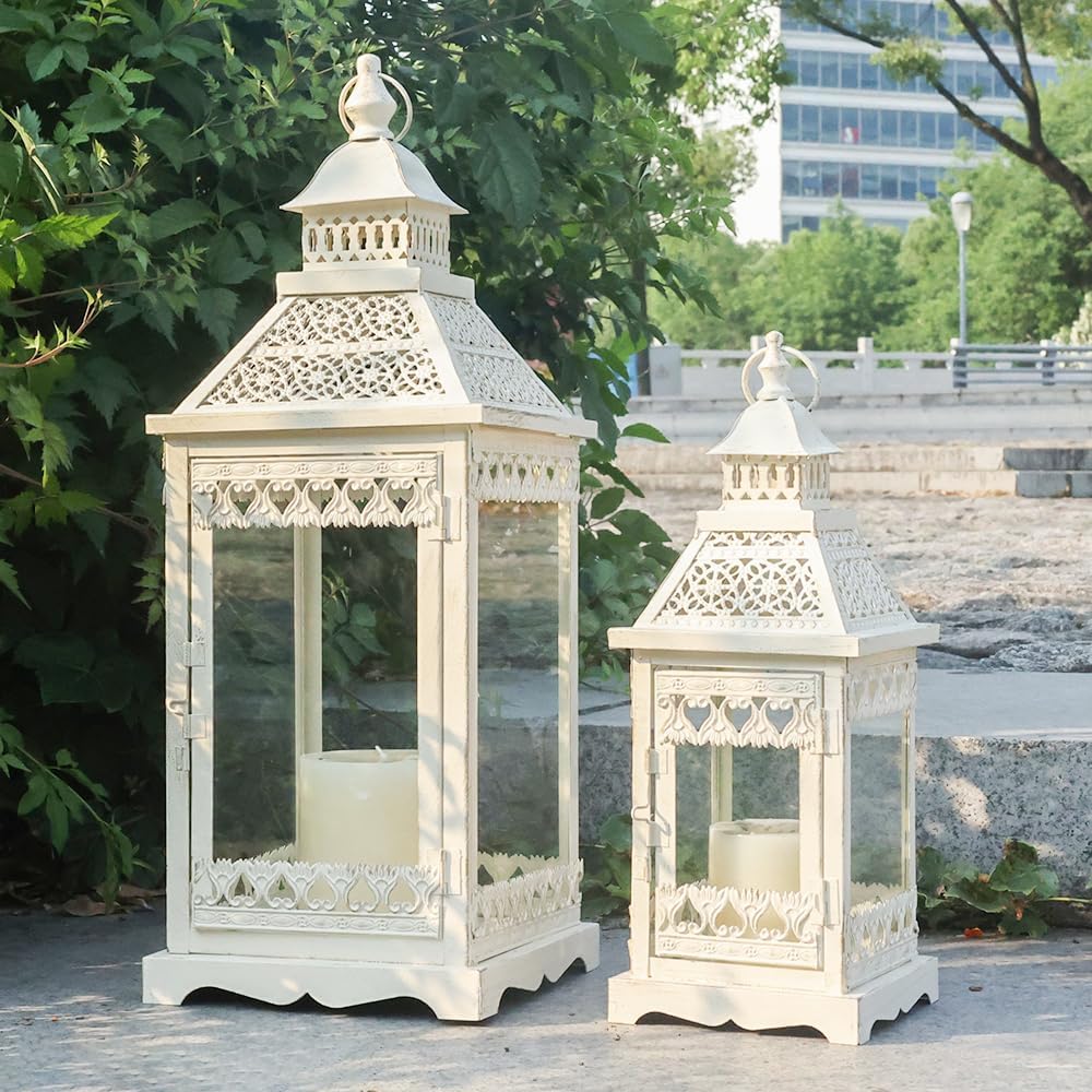 NEEDOMO Lanterns Decorative Outdoor & Indoor, Set of 2 Outdoor Lanterns for Porch,Large Square Candle Lantern, Beige Metal Frame with Glass for Fall, Christmas