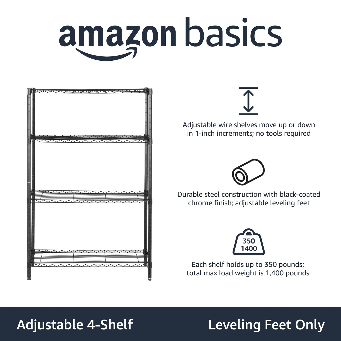 Amazon Basics 4-Shelf Adjustable Heavy Duty Steel Wire Rack Storage Shelving, Sturdy Garage Shelving, 350 lbs Capacity Per Shelf, Easy No-Tool Assembly, 36" x 14" x 54", Black