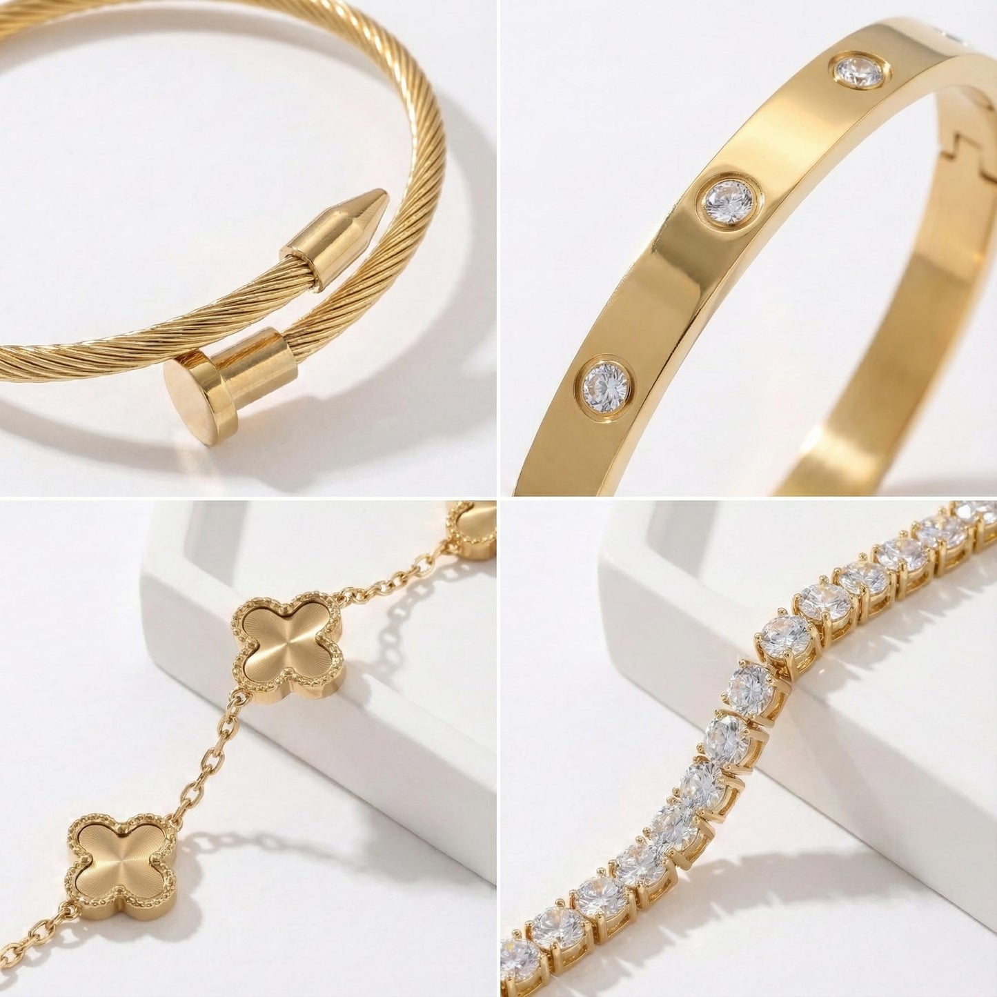 Billet-doux 18K Gold Plated Nail Love Bangle Bracelets Set For Women, Stackable Four-Leaf Clover Adjustable Tennis Bracelet Non-Tarnish Trendy Jewelry Gifts Perfect for Her